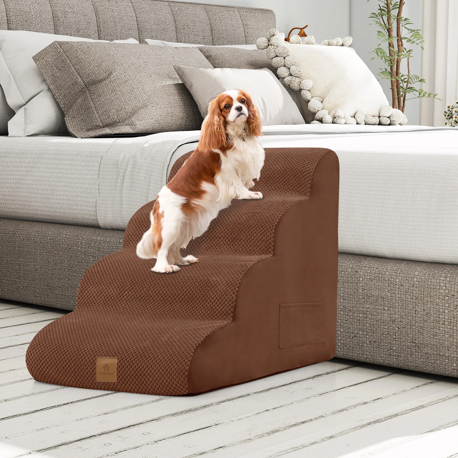 4 Costway 4-Step Dog Ramp Foam Pet Stair w/Storage Pocket & Handle - Brown, 4 of 5