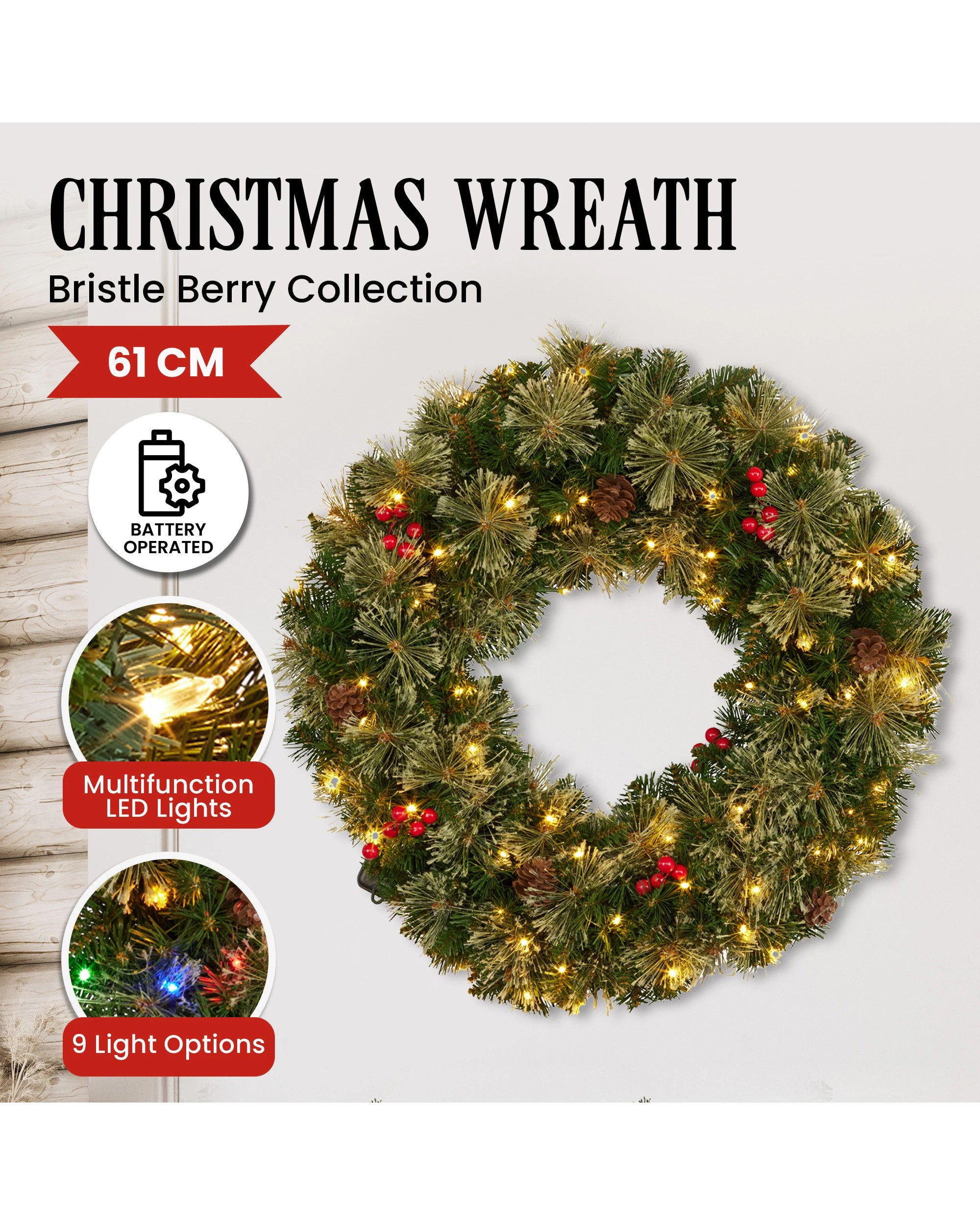3 Christabelle 61cm Christmas Wreath Bristle Berry With Led Lights Front Door Decoration Ornament, 3 of 7