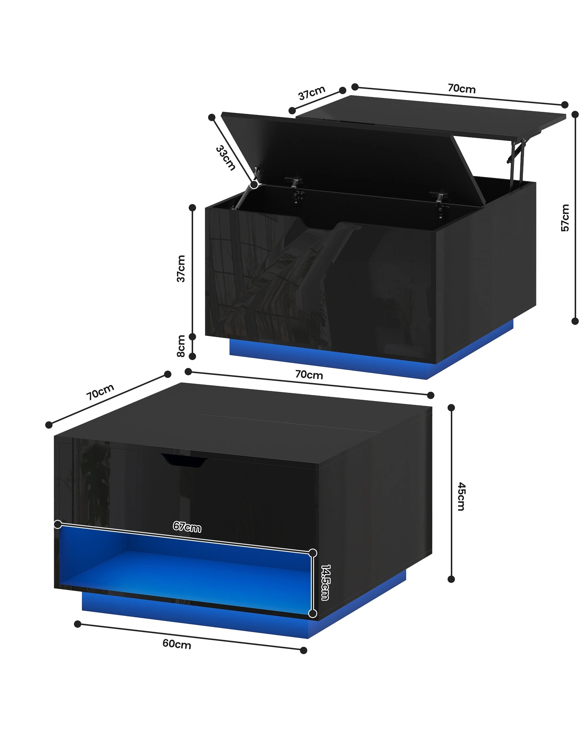 2 Ufurniture LED Lift Top Coffee Table Center Table w/ Hidden Storage & Shelves - Black, 2 of 7