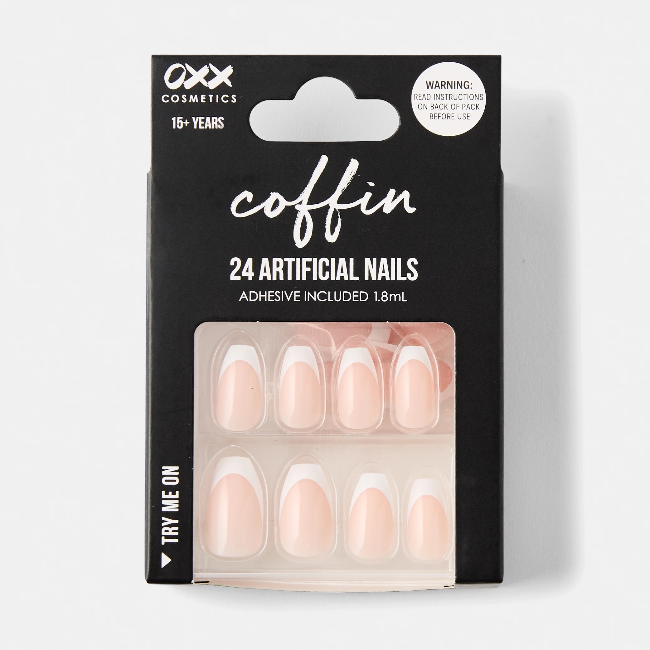 1 OXX Cosmetics 24 Pack Artificial Nails with Adhesive - Coffin Shape, French Tip, 1 of 5