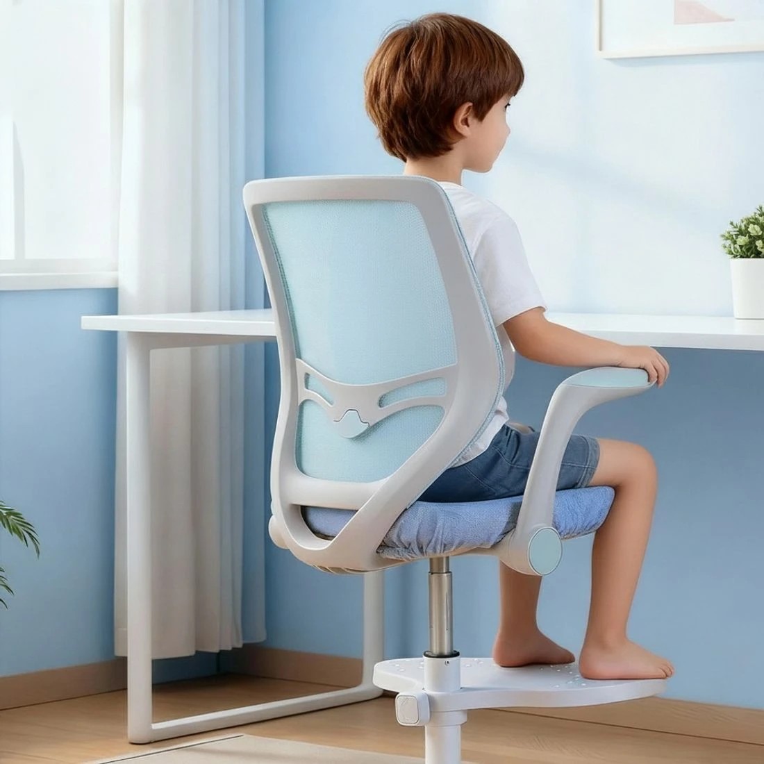 5 Keezi Kids Ergonomic Study Chair Adjustable w/ Wheels Footrest - Blue, 5 of 6