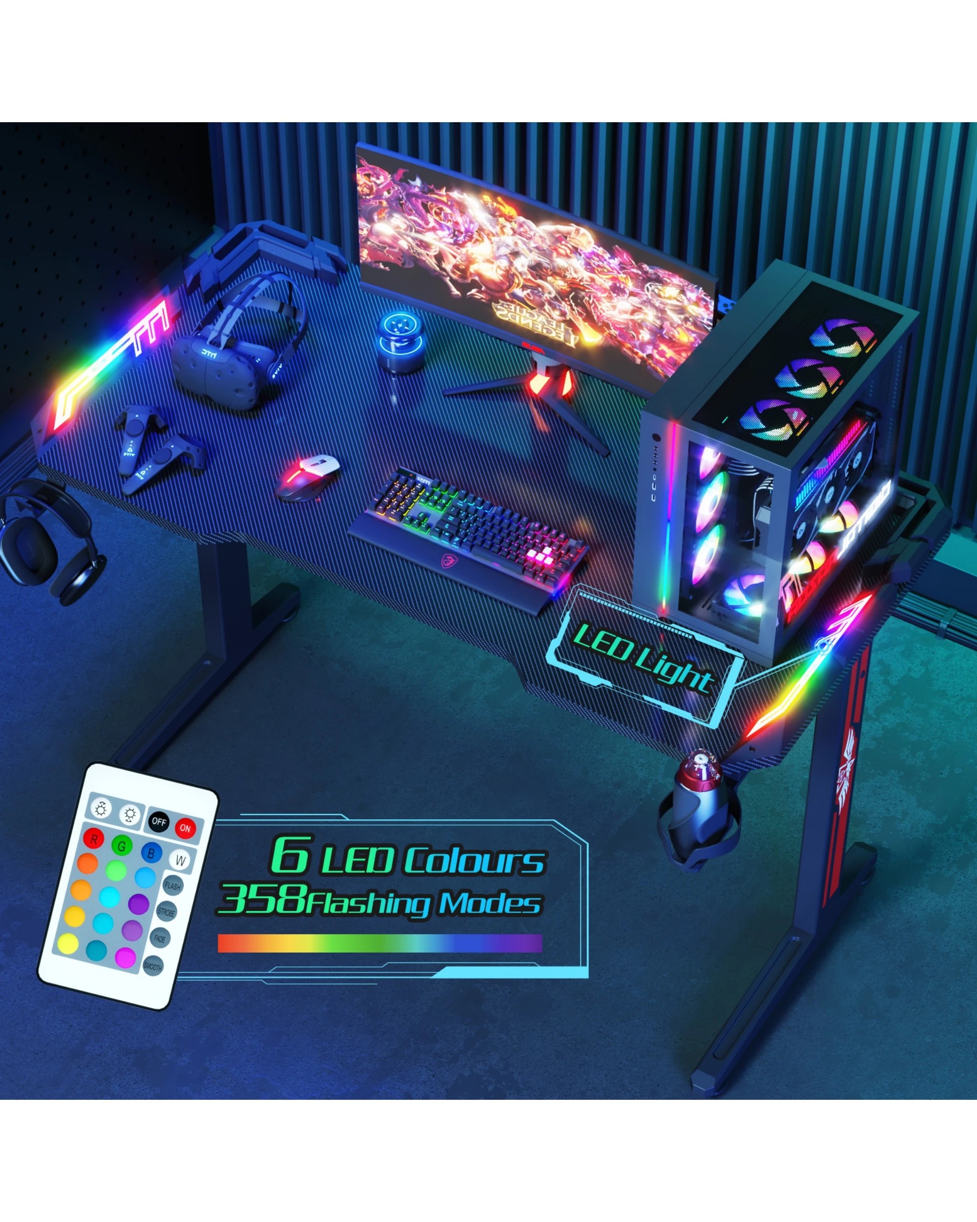 3 Advwin Gaming Desk 120cm With Rgb Led Light Computer Desk, 3 of 6