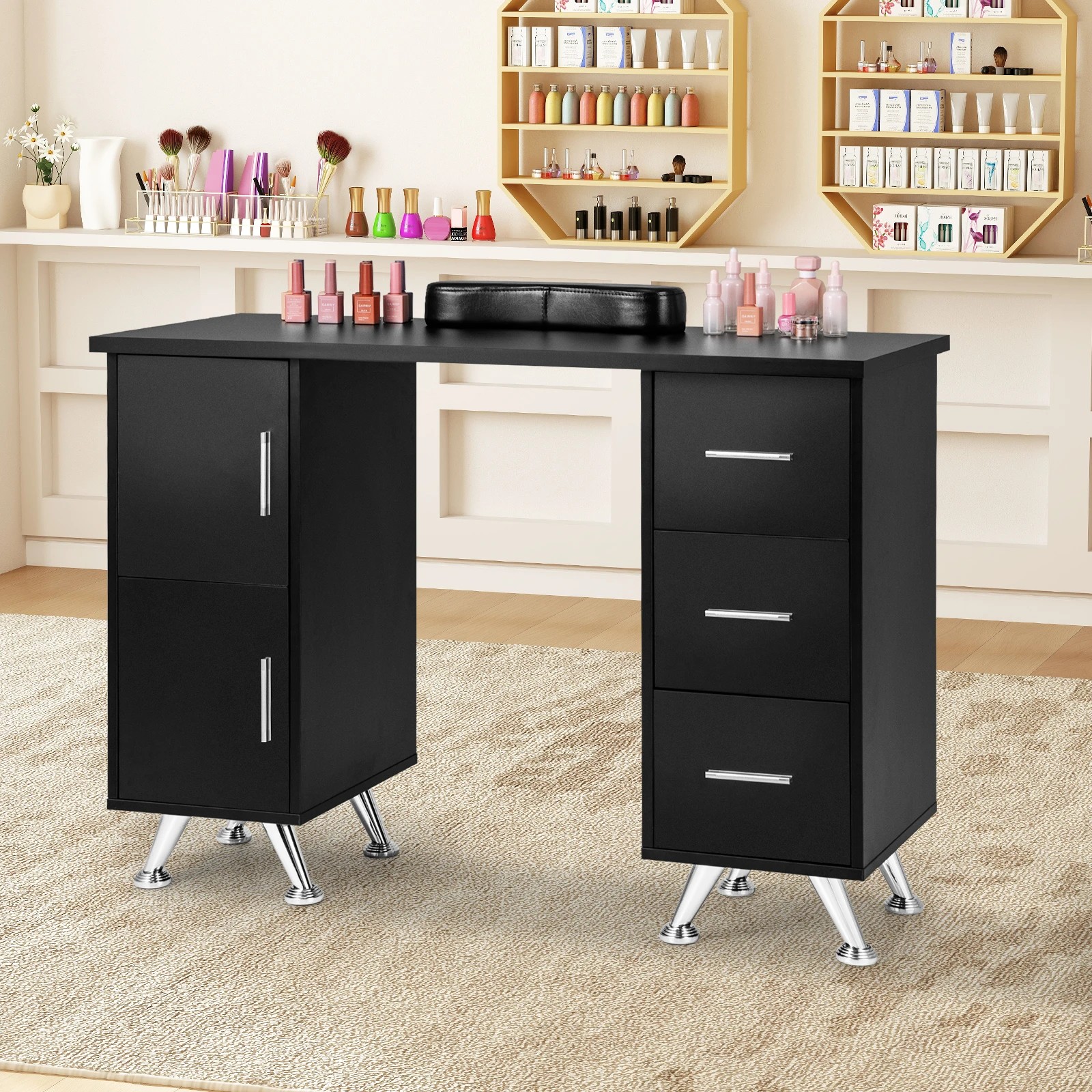 2 Costway Manicure Nail Table Station Nail Tech Desk w/Drawers & Hand Cushion Bag - Black, 2 of 3