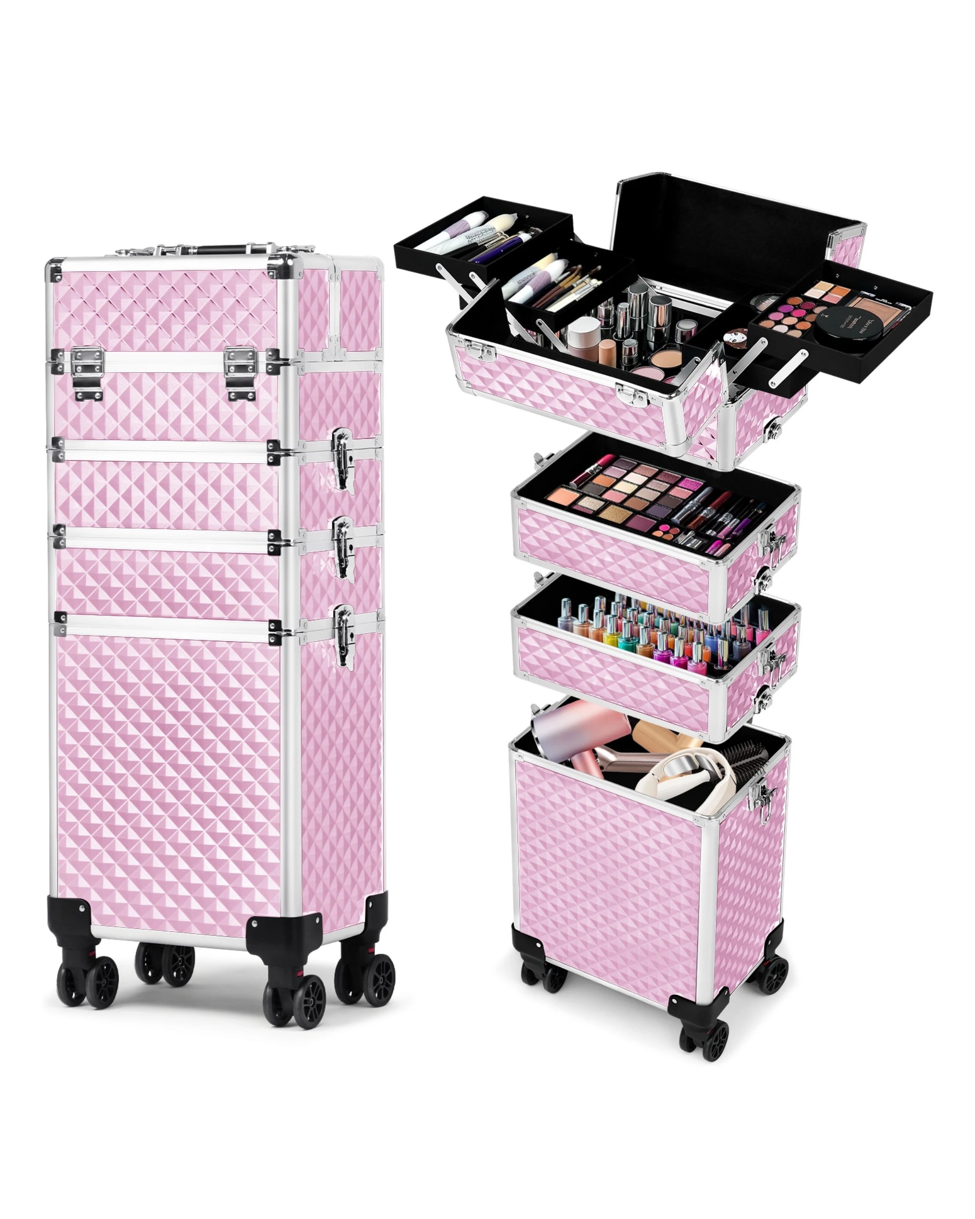 1 Advwin Makeup Trolley Case 4 in 1 Rolling Large Capacity - Pink, 1 of 8
