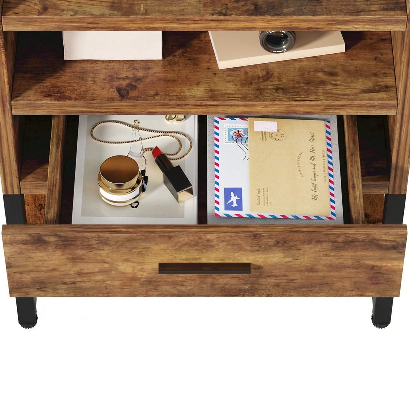 5 Advwin 2Pcs Bedside Table with Charging Station LED Lights Drawer and Open Storage Shelves - Brown, 5 of 10