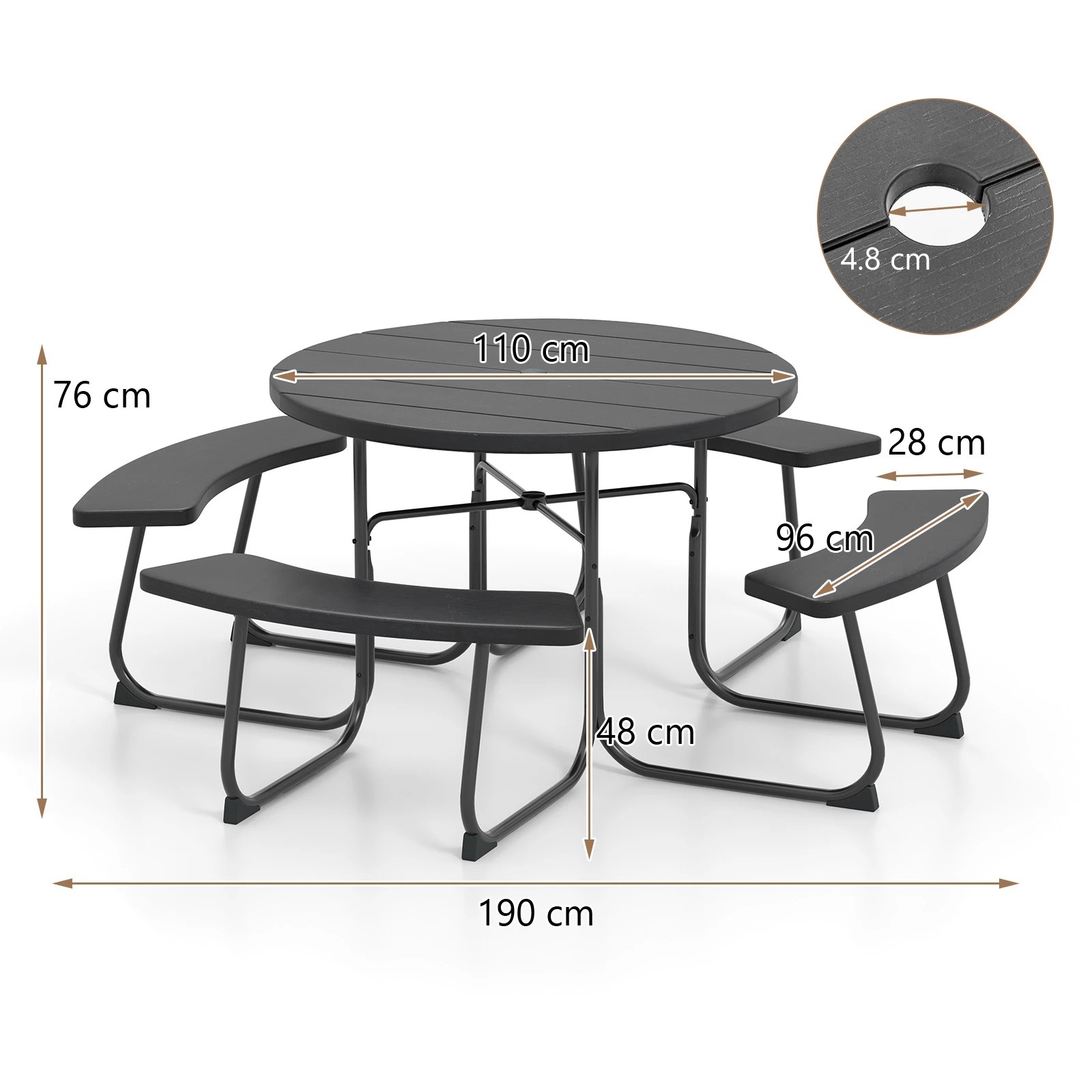 2 Costway 8-person Round Picnic Table Bench Set Outdoor All Weather Dining Table w/Umbrella Hole - Black, 2 of 3