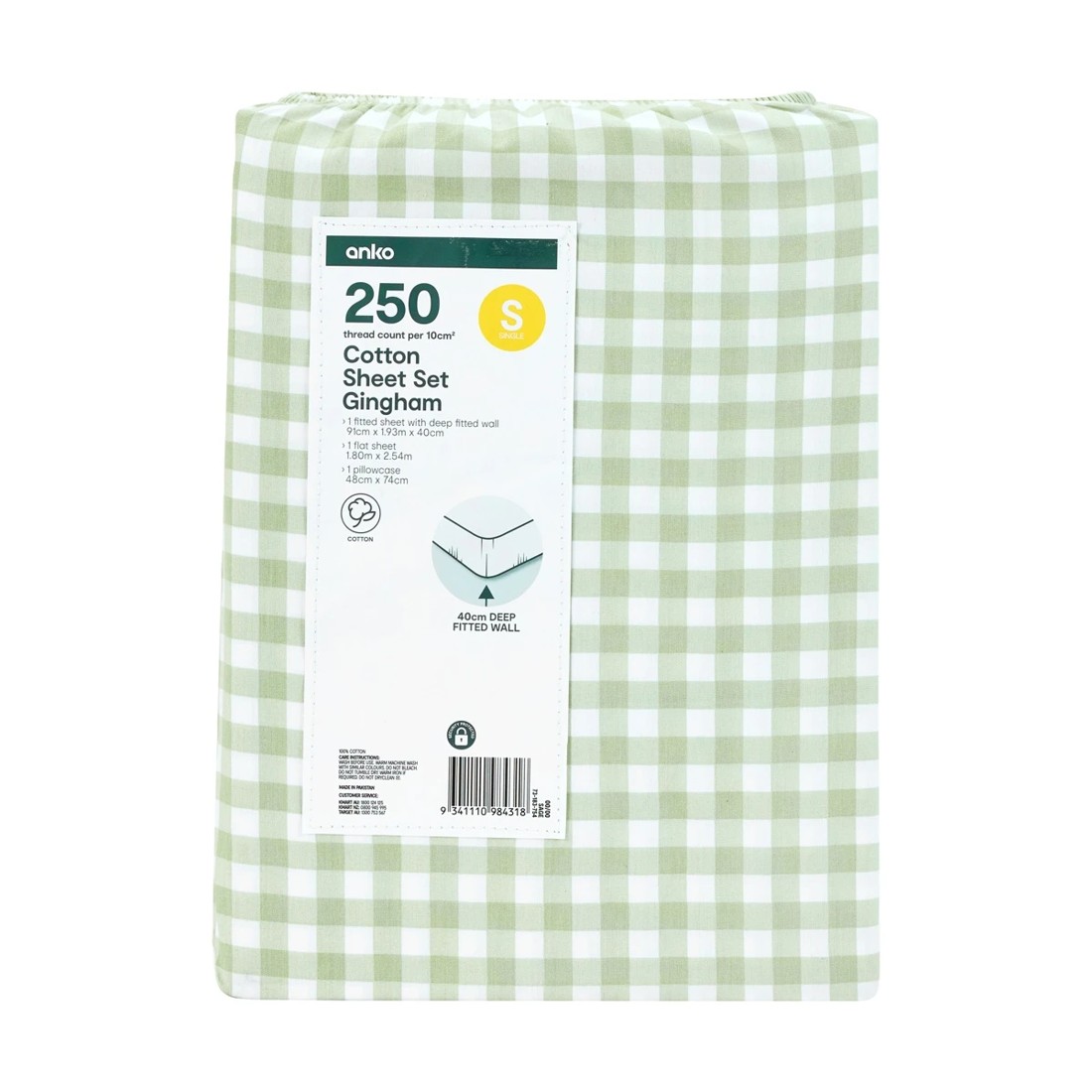 7 250 Thread Count Gingham Cotton Sheet Set - Single Bed, Sage, 7 of 7