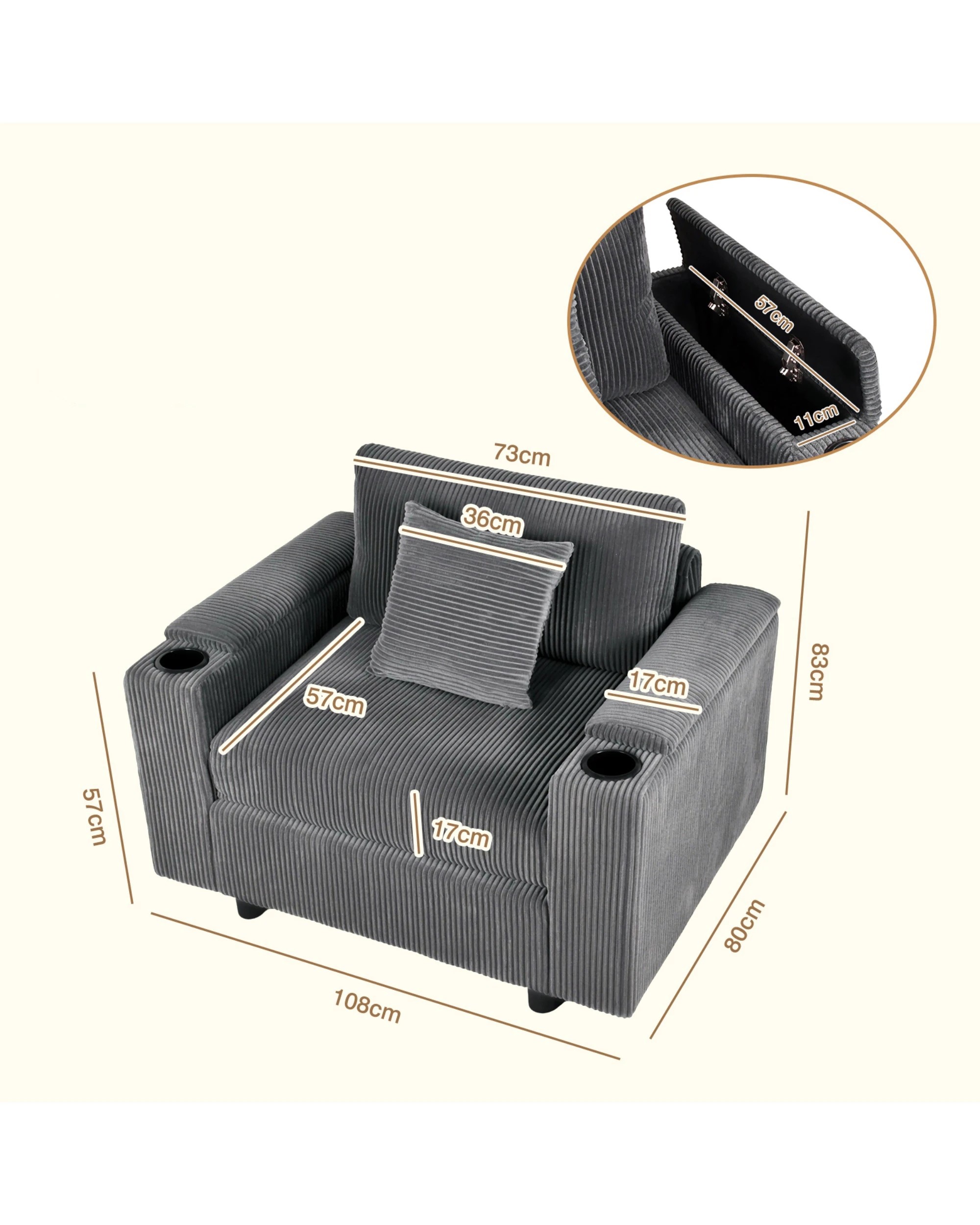 9 Advwin Single Sofa w/ Storage Armrests Corduroy Armchair w/ Cup Holder Modern Lounge Sofa Couch with Cushion, 9 of 9