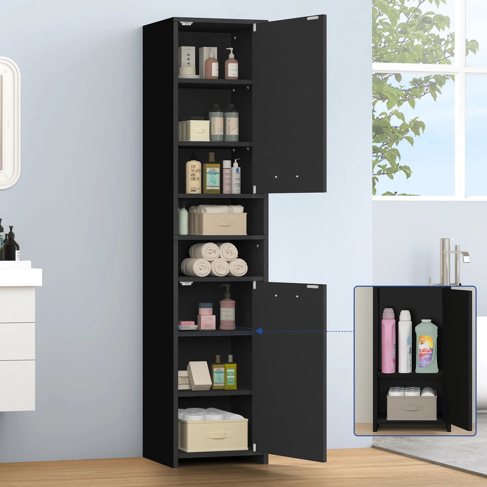 2 Alfordson Tall Cabinet Bathroom Storage Slim Cupboard - Black, 2 of 10
