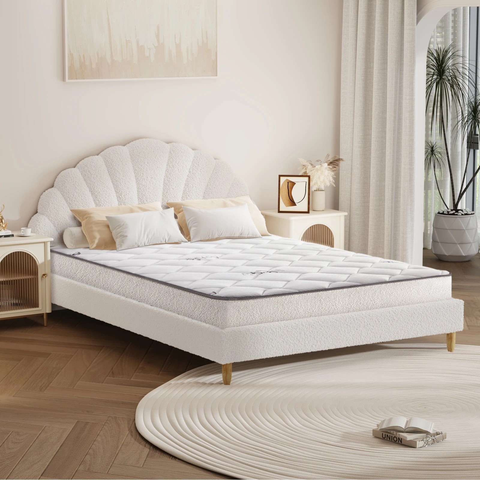 3 Oikiture Bed Frame Double Size Scallop-Shape Bedhead Boucle with Mattress - White, 3 of 8