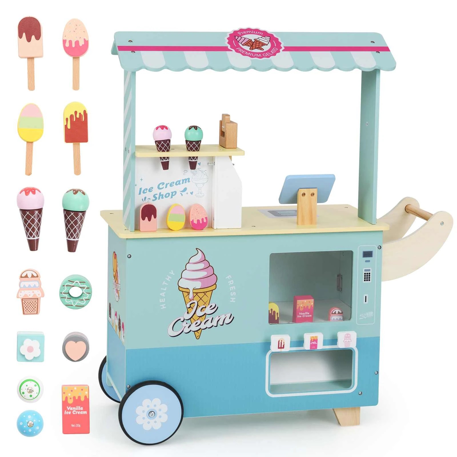 1 Costway Ice Cream Cart Pretend Play Shop Dessert Food Toy - Green, 1 of 2