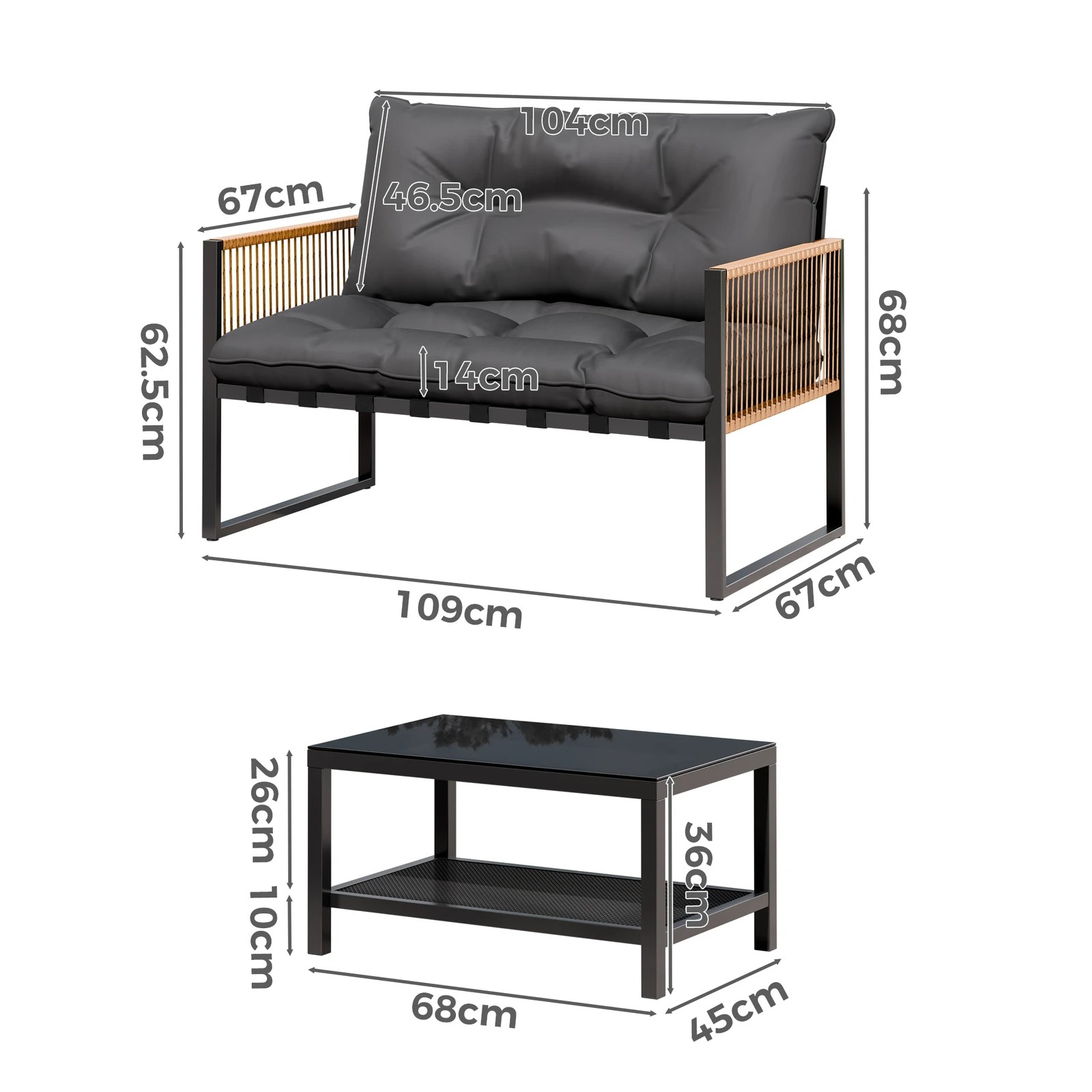 5 Alfordson 2PCS Outdoor Lounge Sofa Set Wicker Furniture Table and Chairs Garden - Grey, 5 of 9