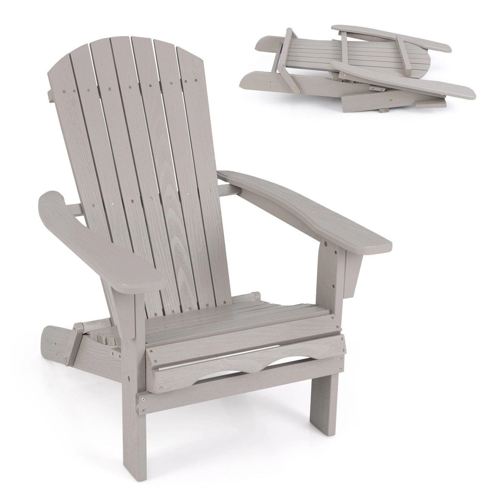 6 Costway Folding Adirondack Chair Set of 2 Wooden Lounge Chair - Grey, 6 of 6