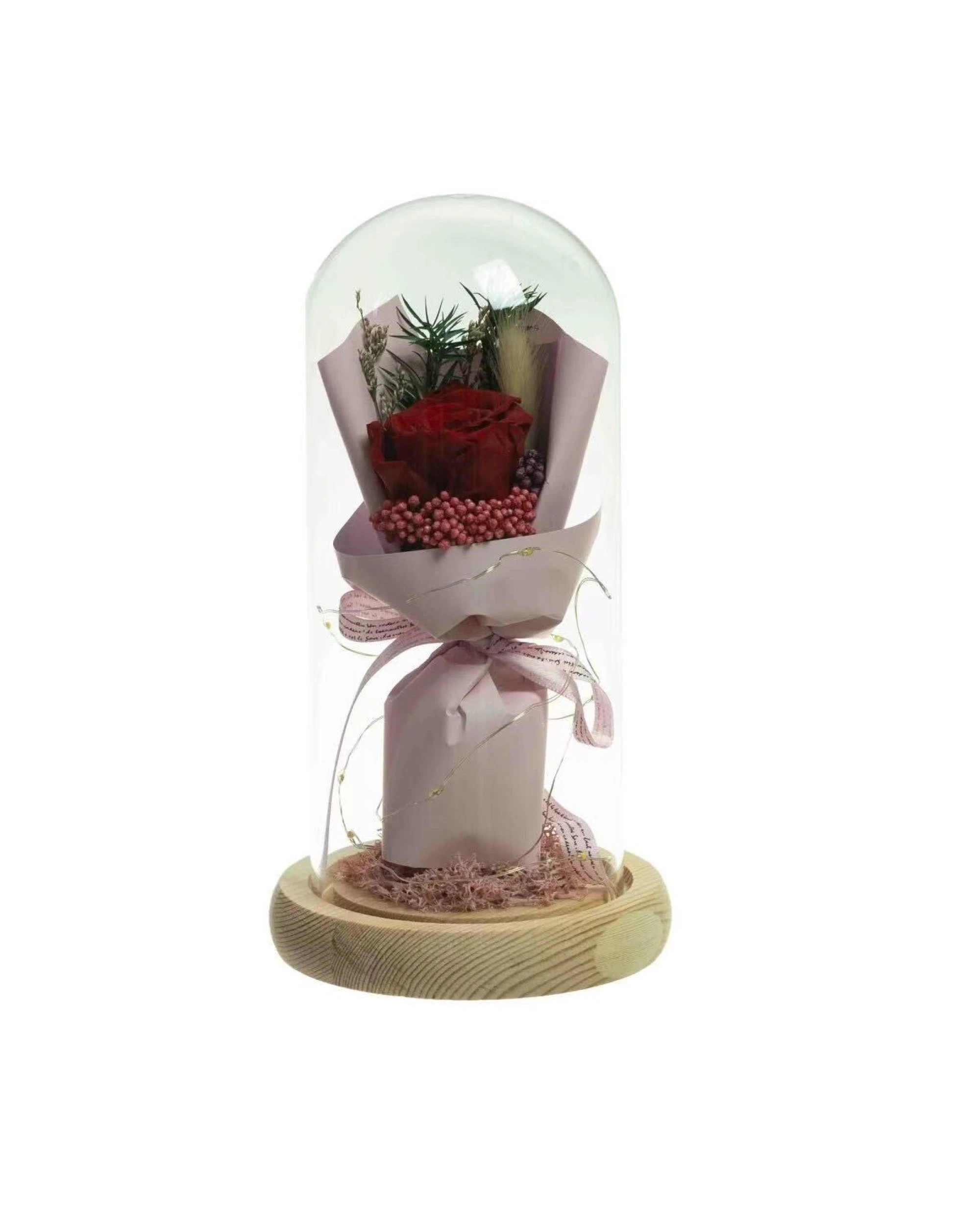 1 Fusion Preserved Dried Rose Flower 21cm Floral Set in Glass Dome w/ Fairy Lights in Red, 1 of 1