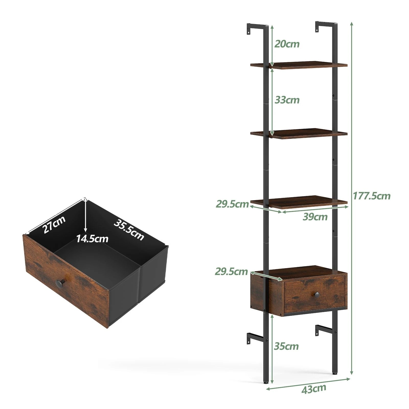 4 Costway 5-Tier Ladder Bookcase w/Drawer Tall Wall-Mounted Bookshelf Open Display Shelf Storage - Brown, 4 of 5