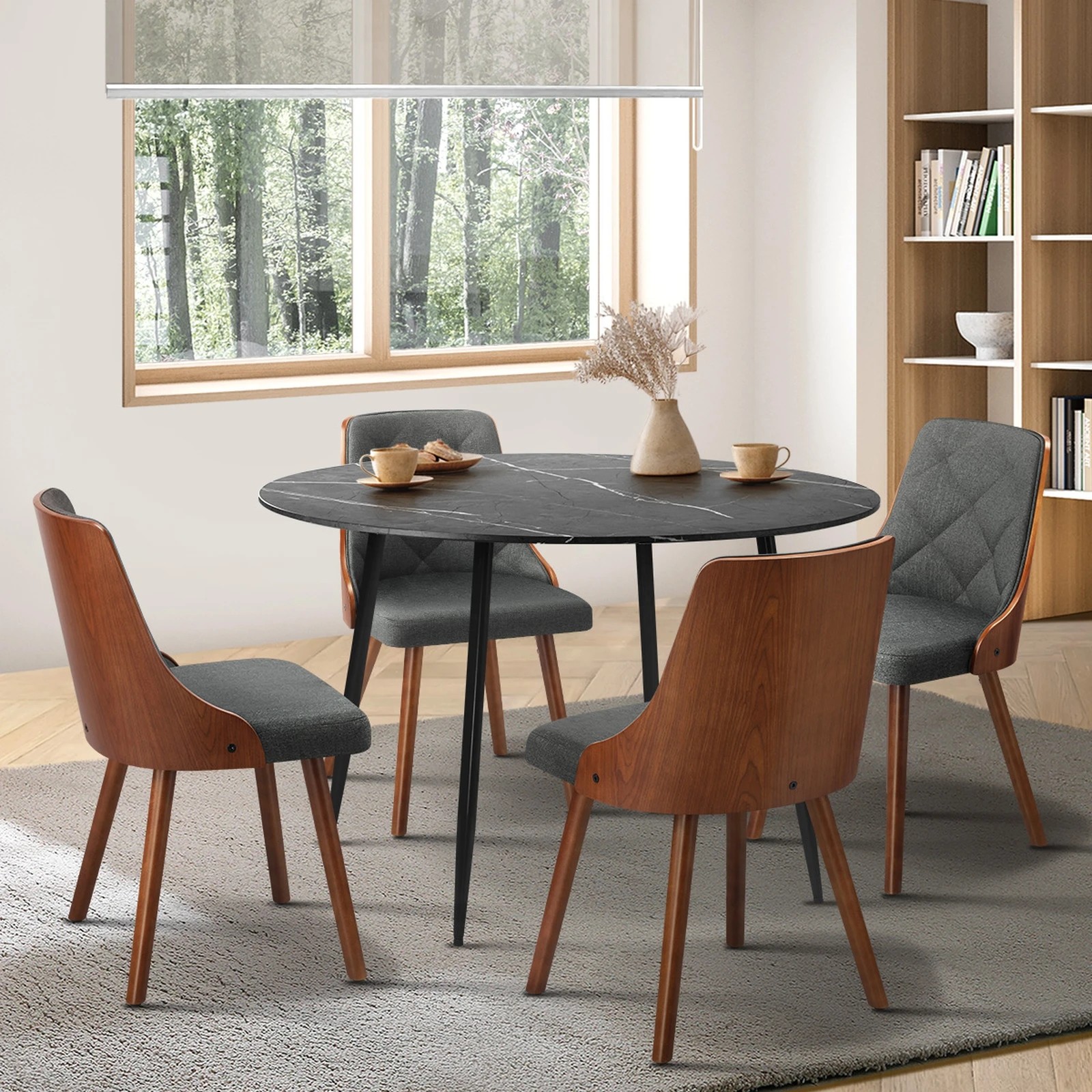 4 Oikiture 110cm Round Dining Table with 4PCS Dining Chairs Faux Linen - Grey, 4 of 9