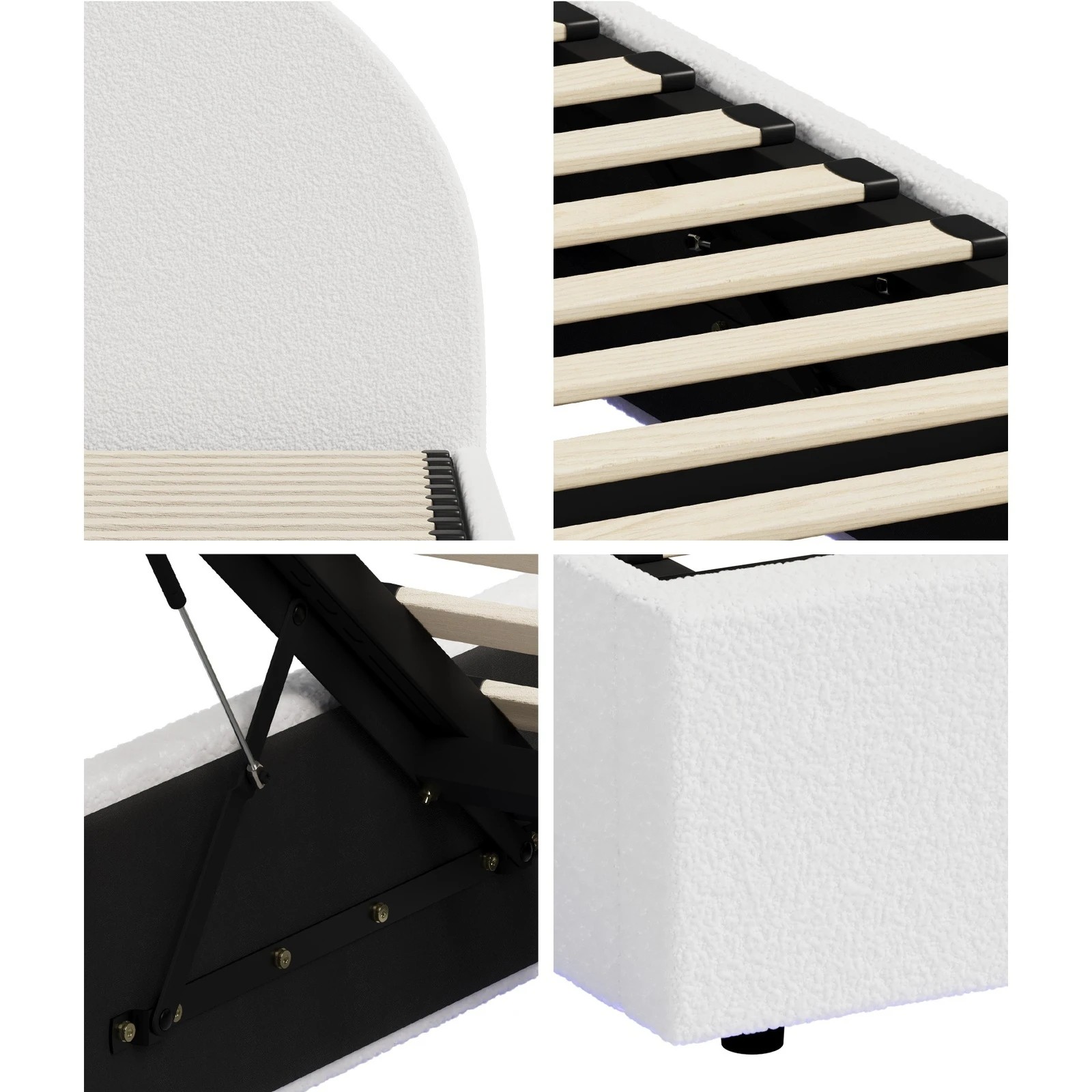 5 Oikiture Bed Frame King Size With Gas Lift Storage Base LED Lights Boucle - White, 5 of 8