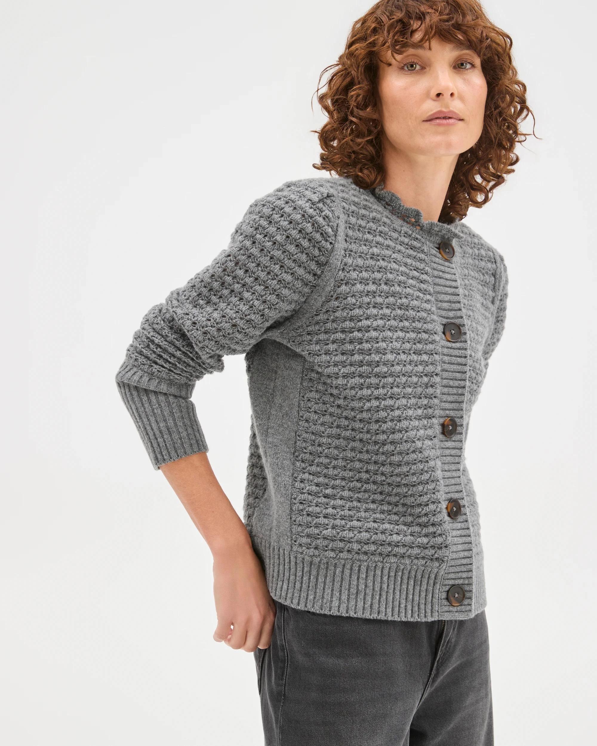 3 Target Woman Basket Stitch Ruffle Neck Cardigan CHARCOAL MARLE, 3 of 7