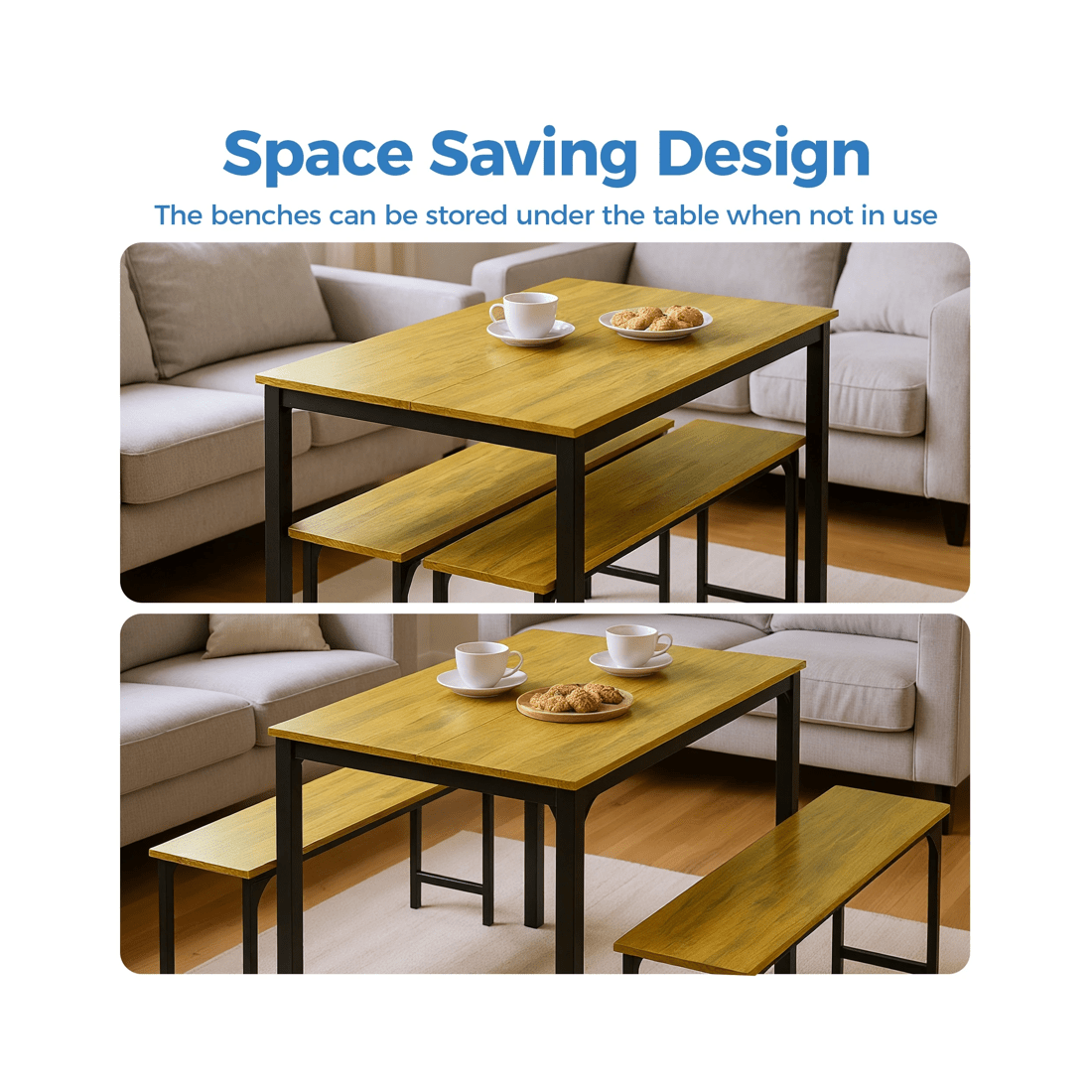 4 Advwin 3 Pcs Dining Table Chair Set Kitchen Table W/2 Bench Dinner Table Walnut, 4 of 6