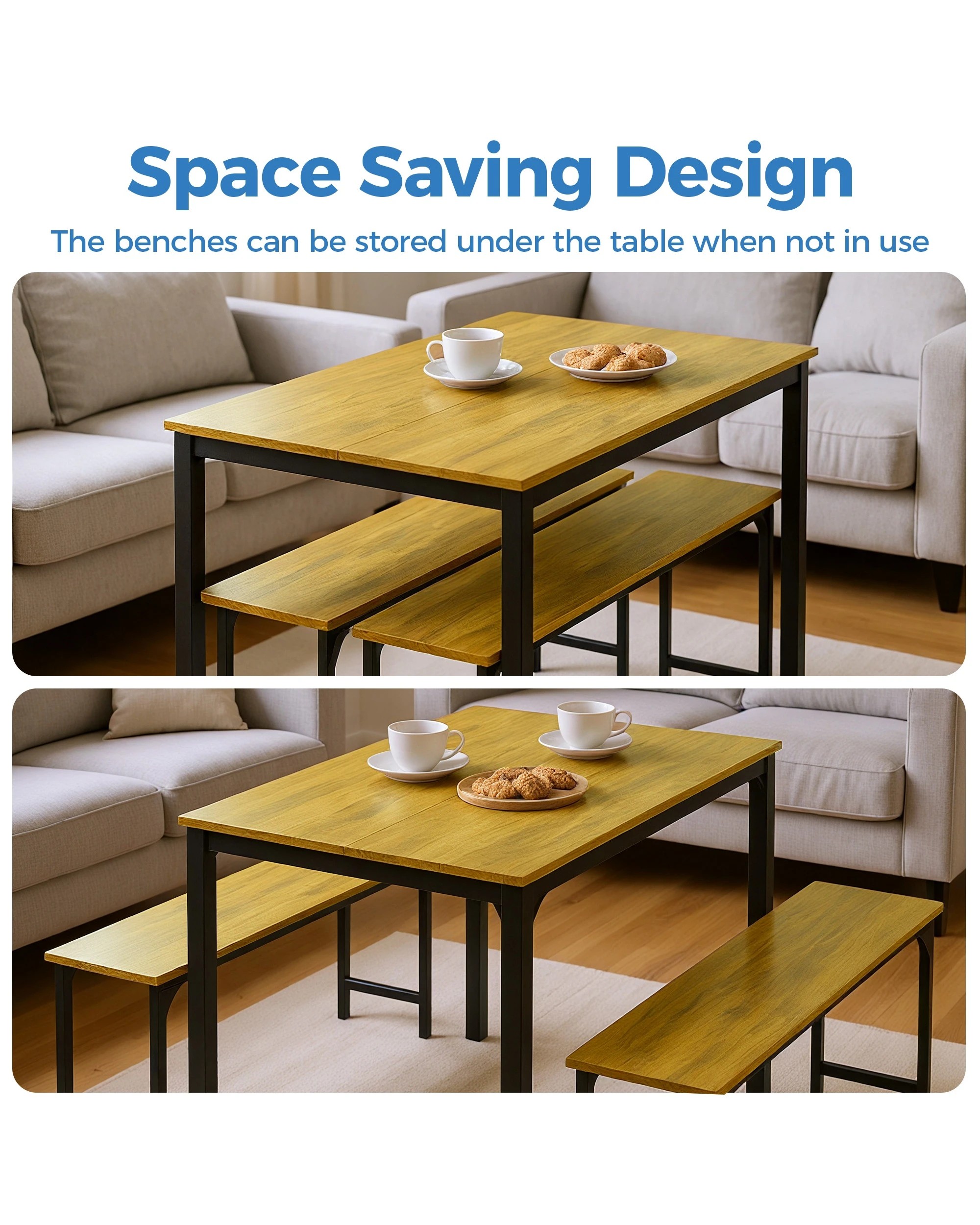 5 Advwin 3 Pcs Dining Table Chair Set Kitchen Table W/2 Bench Dinner Table Walnut, 5 of 7