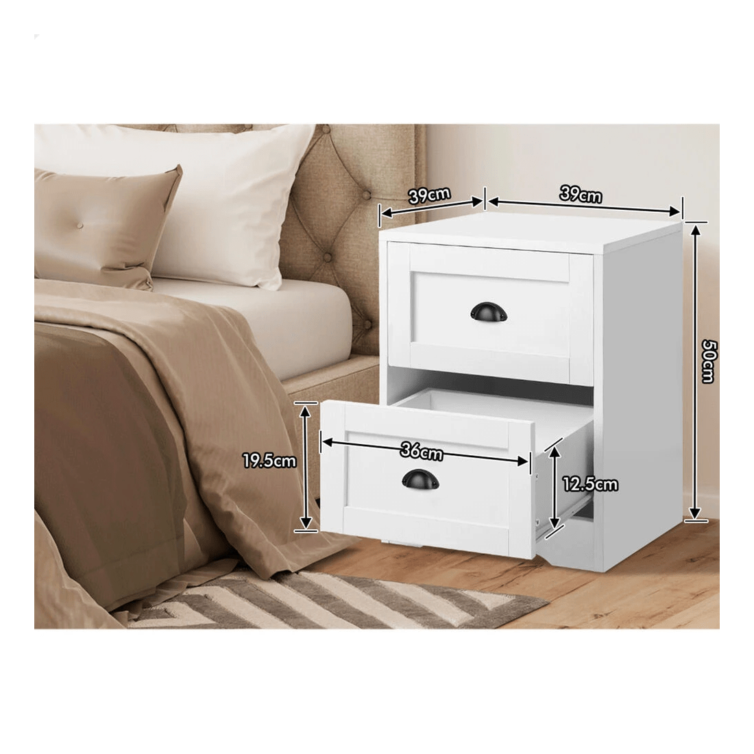 9 Alfordson Bedside Table Hamptons Nightstand Storage Side End Cabinet - White, 9 of 10