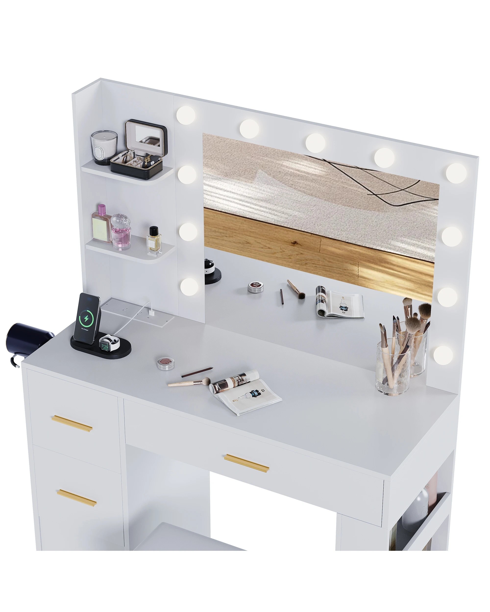 5 Advwin Dressing Table Vanity Desk with Mirror and 11 Bulbs Lights Charging Station - White, 5 of 10