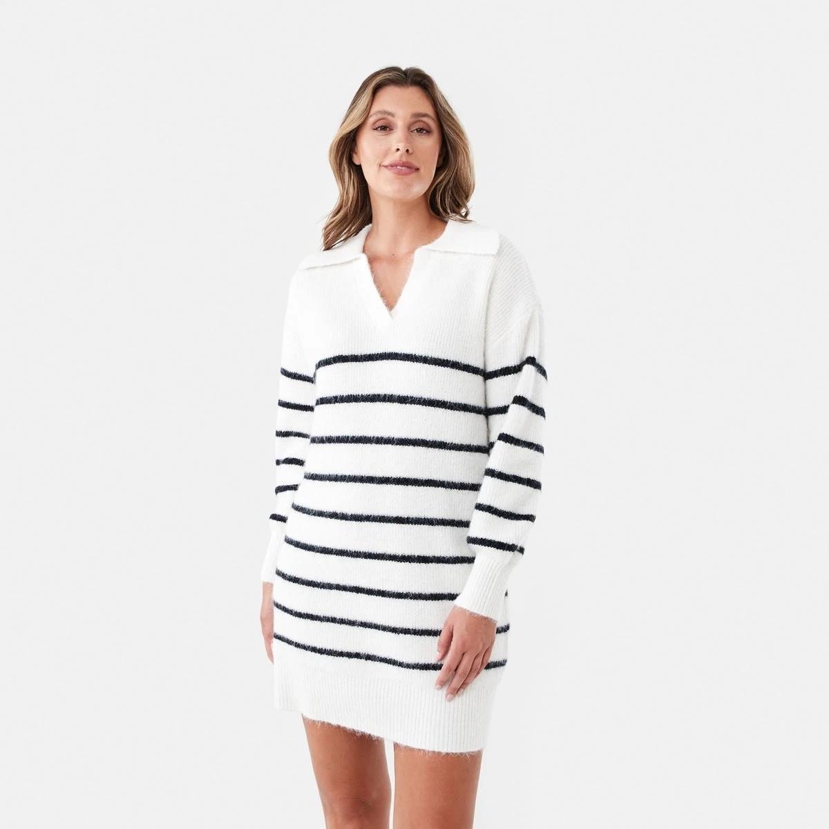 1 Long Sleeve Collared Knit Mini Dress Navy Strp, 1 of 6