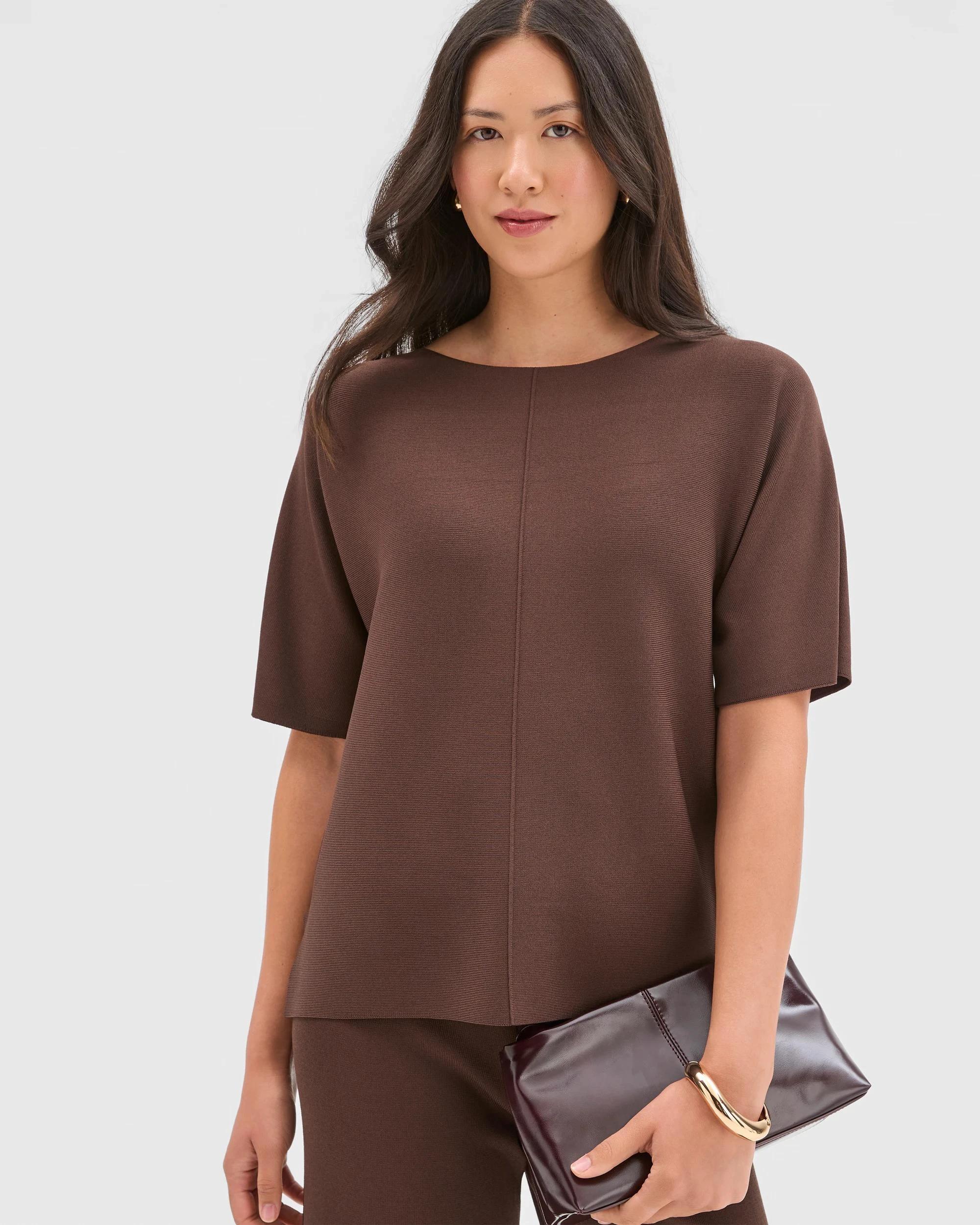 1 Preview Short Sleeve Crepe Knit T-Shirt GANACHE, 1 of 6