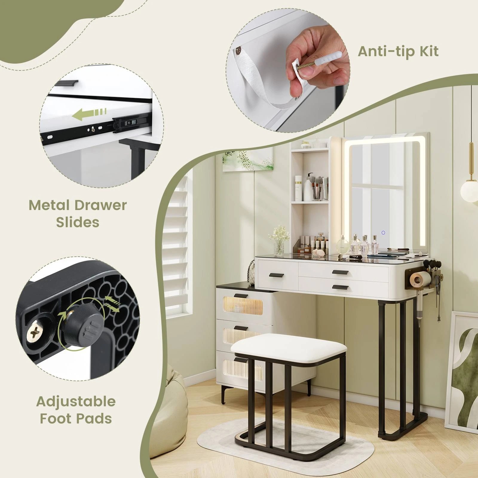 7 Costway Dressing Table Stool Set w/Vanity LEDs Mirror Power Outlets, 7 of 9