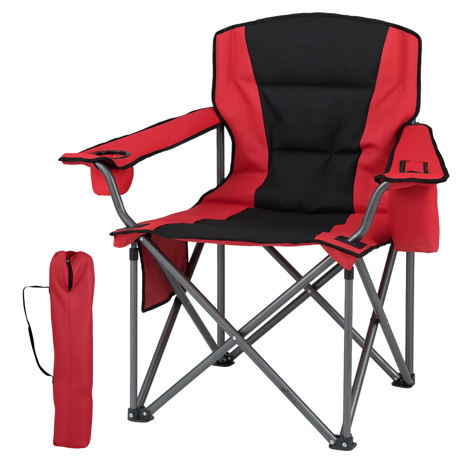 1 Costway Folding Camping Chair Portable Outdoor Padded Armchair w/Zippered Cooler Pouch - Red, 1 of 1
