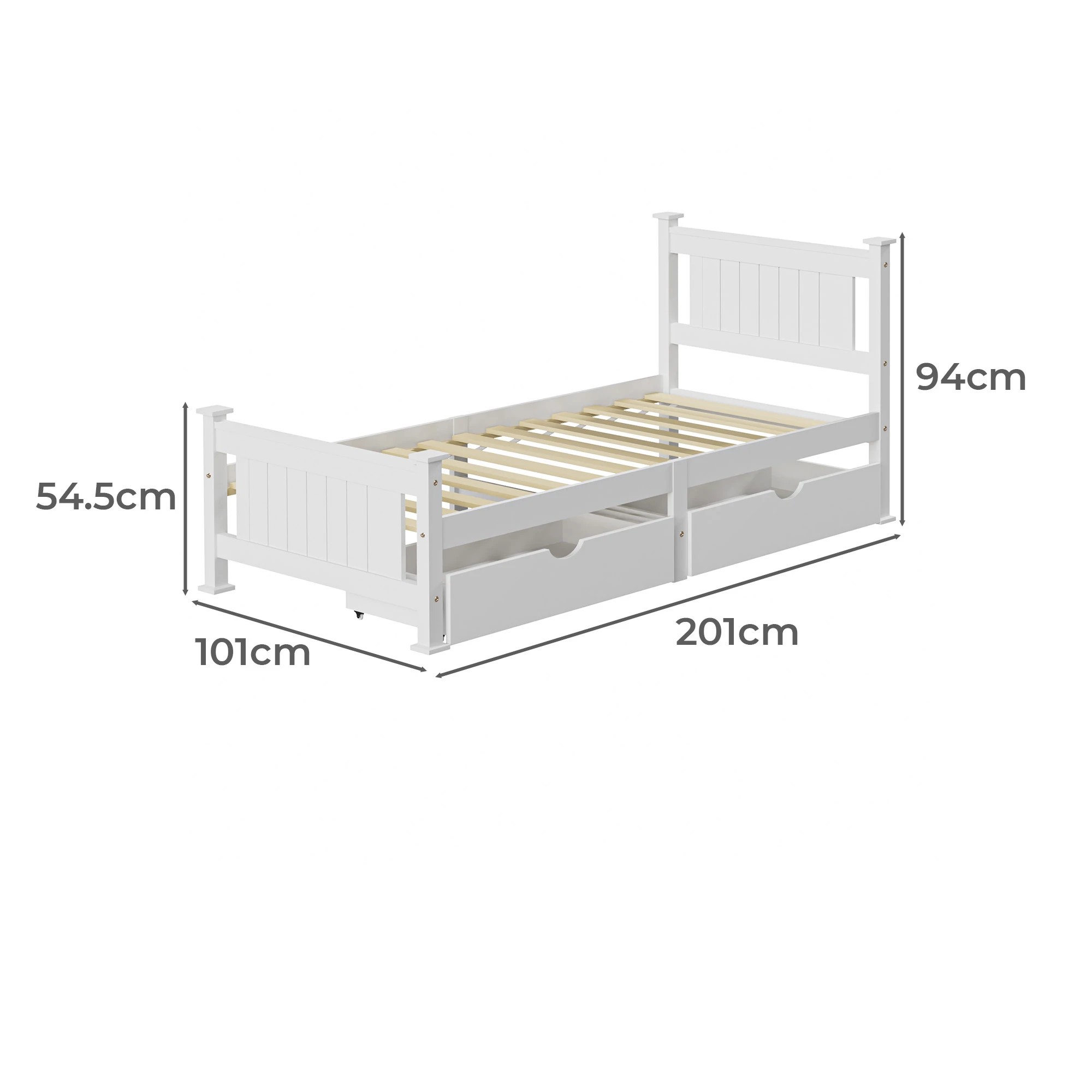 2 Oikiture Solid Pine Wood Bed Frame with 2 Trundle Drawers Single - White, 2 of 7