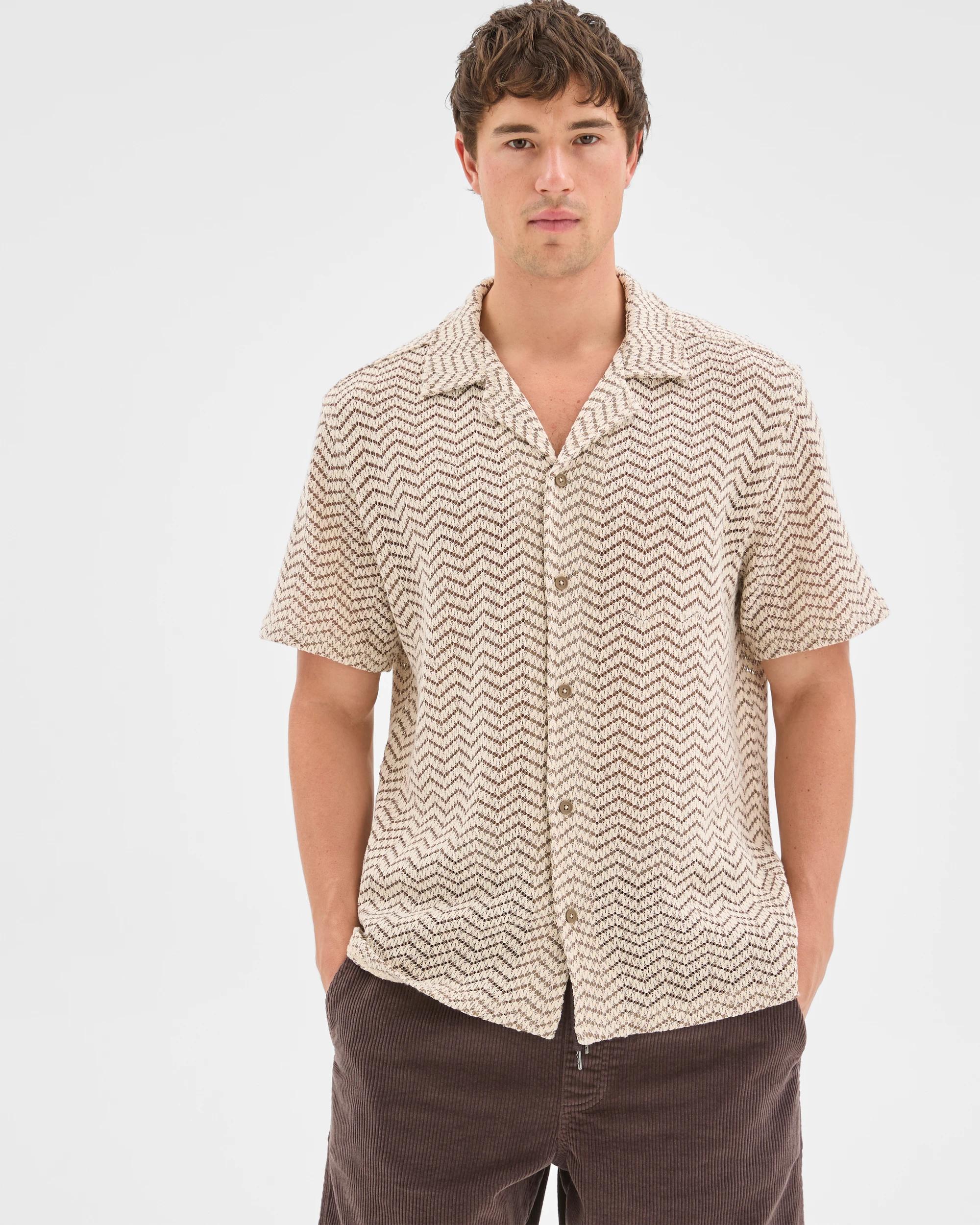 1 Commons Open Weave Short Sleeve Shirt BROWN, 1 of 6