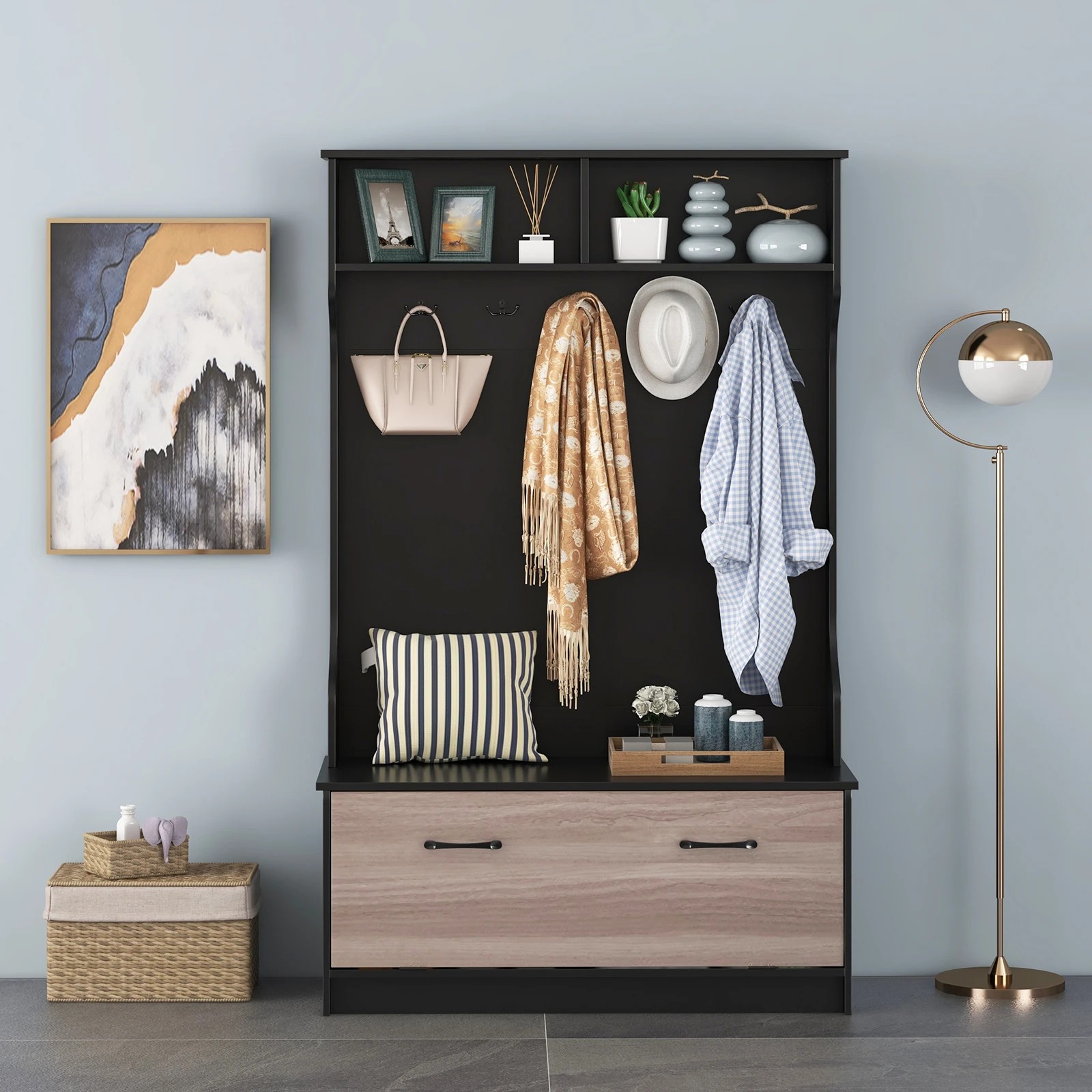 1 Costway 160cm Wood Coat Rack Hall Tree w/Storage Bench & Hooks Clothes Storage Organiser - Black, 1 of 4