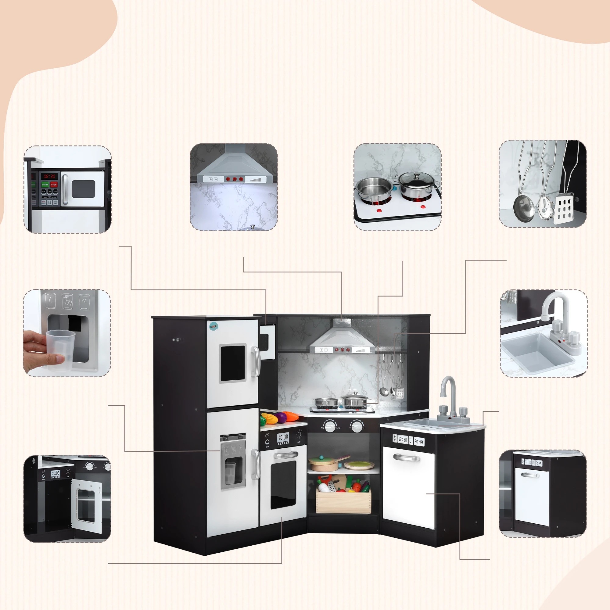 5 Keezi Kids Wooden Kitchen Playset 29pc Food Set Black White - Multi, 5 of 8