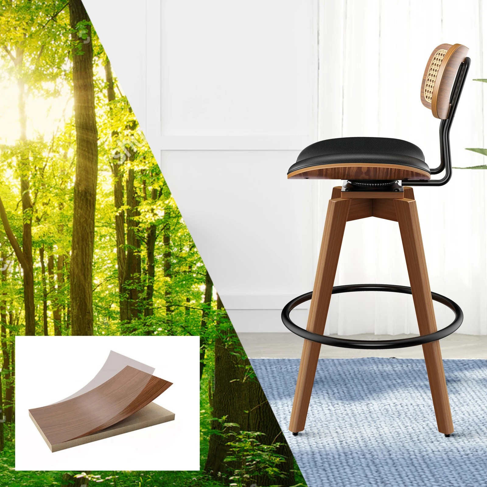 7 Alfordson 4x Bar Stools Kitchen Vintage Leather Seat Rattan Chair - Black, 7 of 10