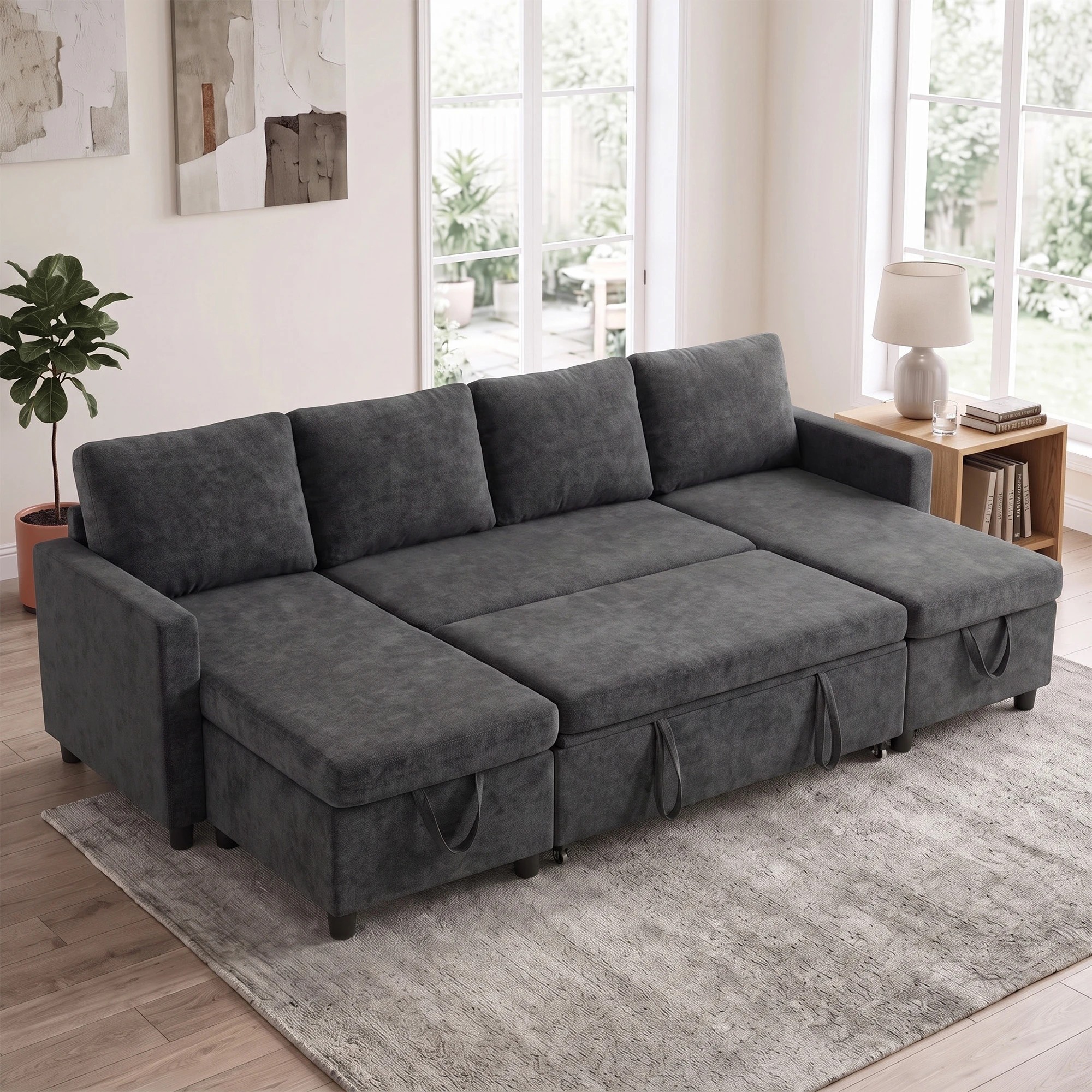 6 Advwin 253cm Sofa with Pull Out Bed U Shaped Chenille Convertible Sleeper Sofa Bed with Double Storage Chaise - Grey, 6 of 9
