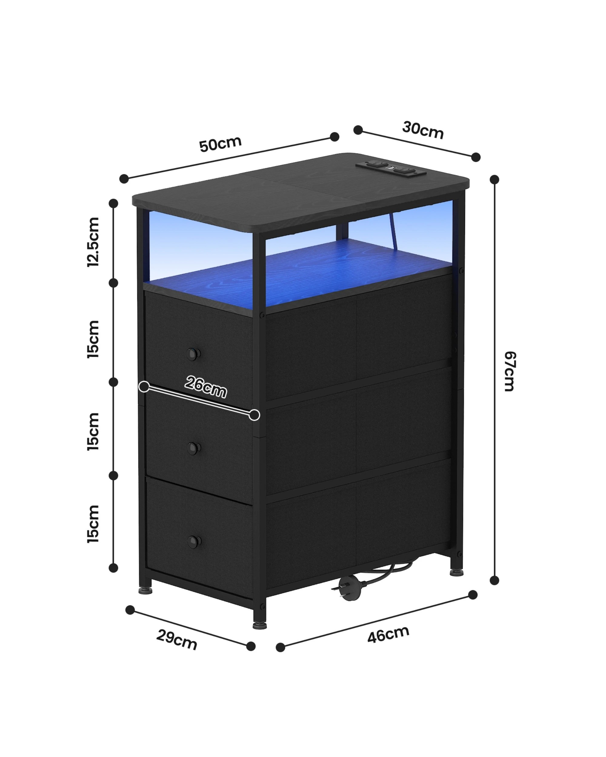 2 Ufurniture LED Narrow Side Table with 3 Drawers Night Stand Sofa End Table - Black, 2 of 7