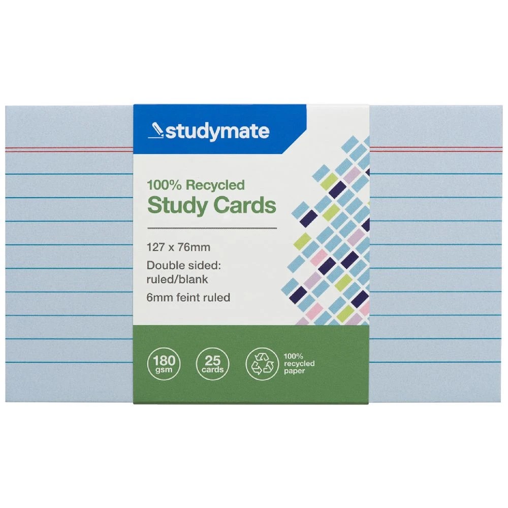 1 Studymate Study Cards Ruled 127 x 76mm Blue 25 Pack, 1 of 2