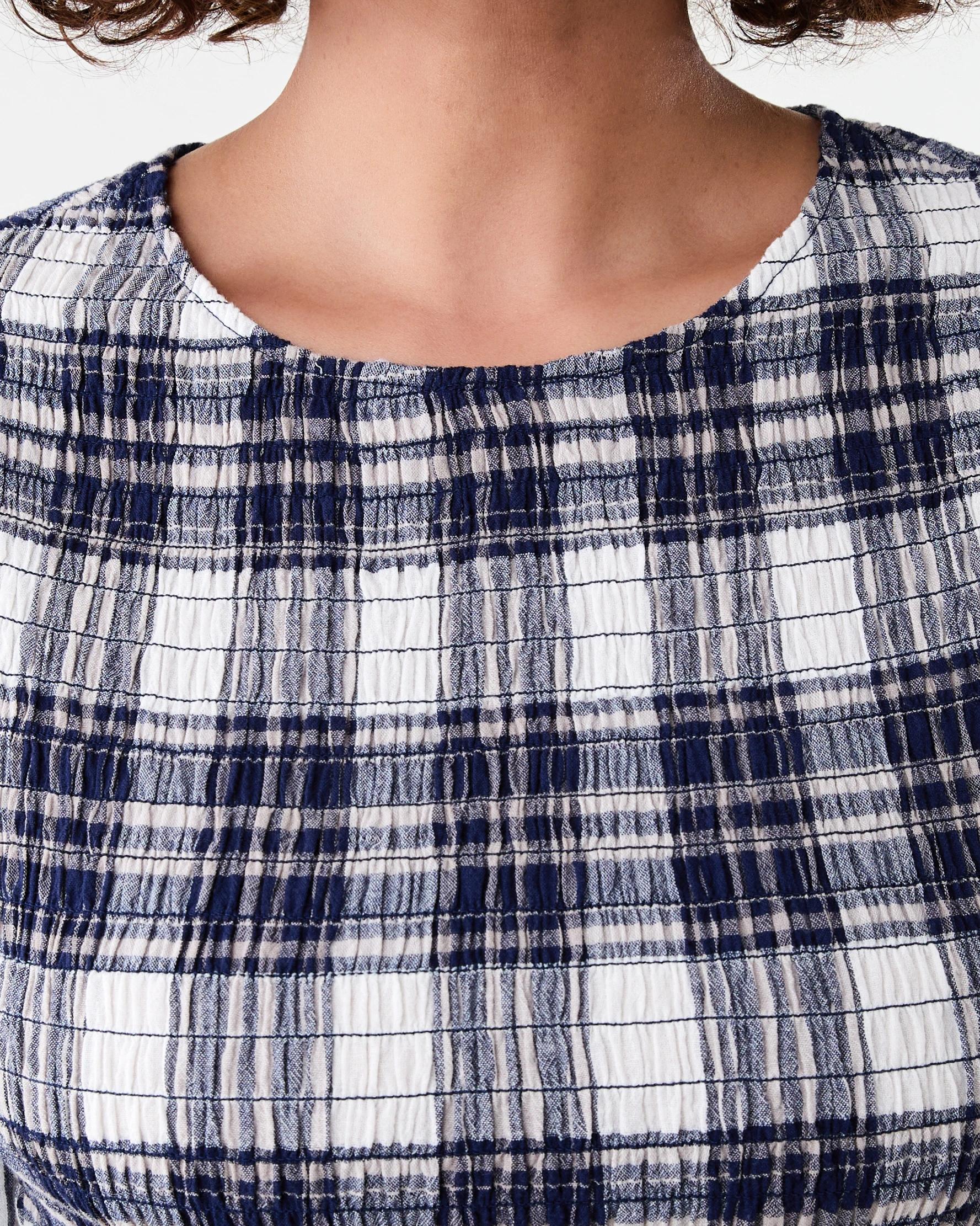 4 Long Sleeve Shirred Mini Dress Check Nvy, 4 of 9