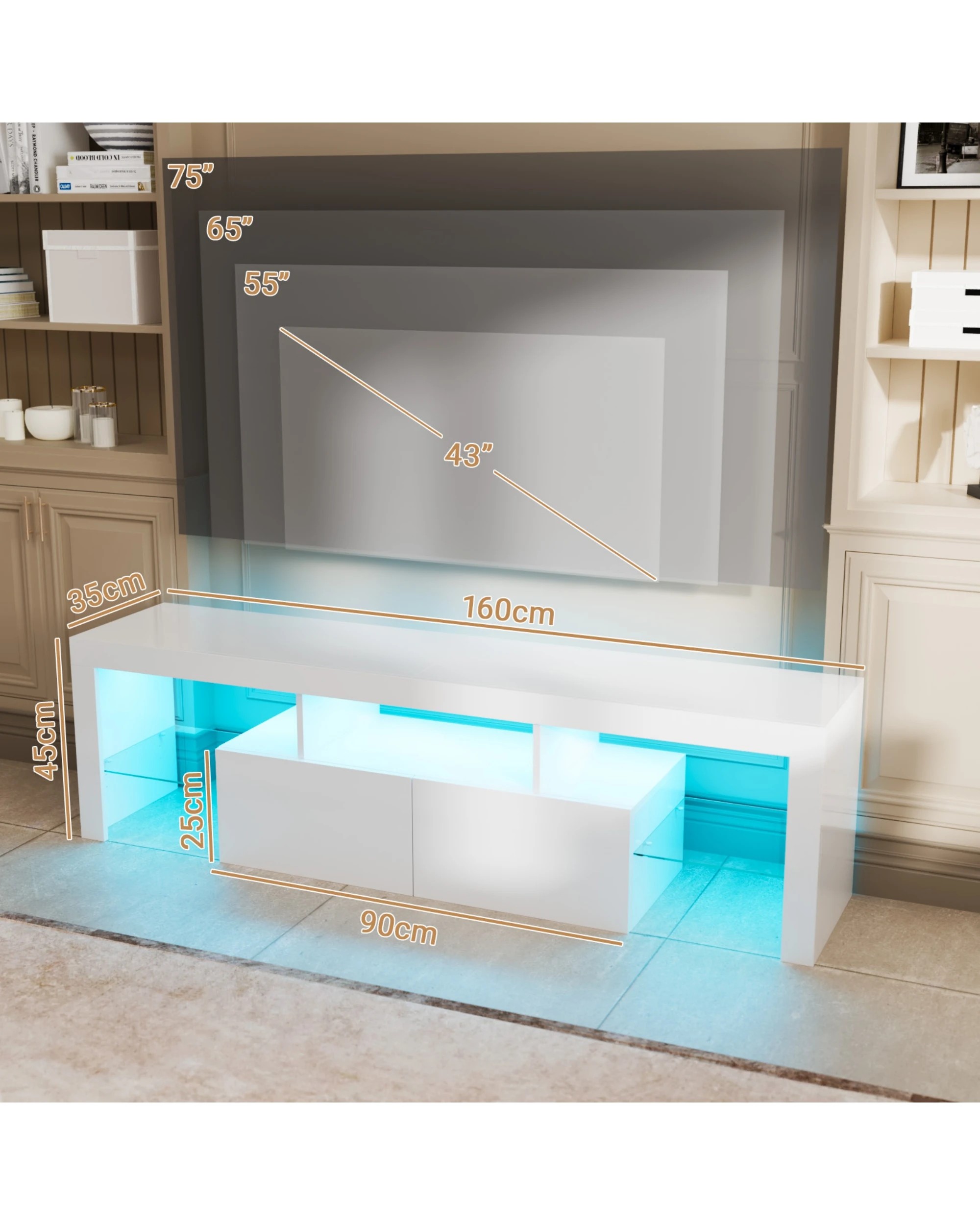 2 Advwin Tv Cabinet 160cm RGB LED UV Gloss Entertainment Unit Stand White, 2 of 8