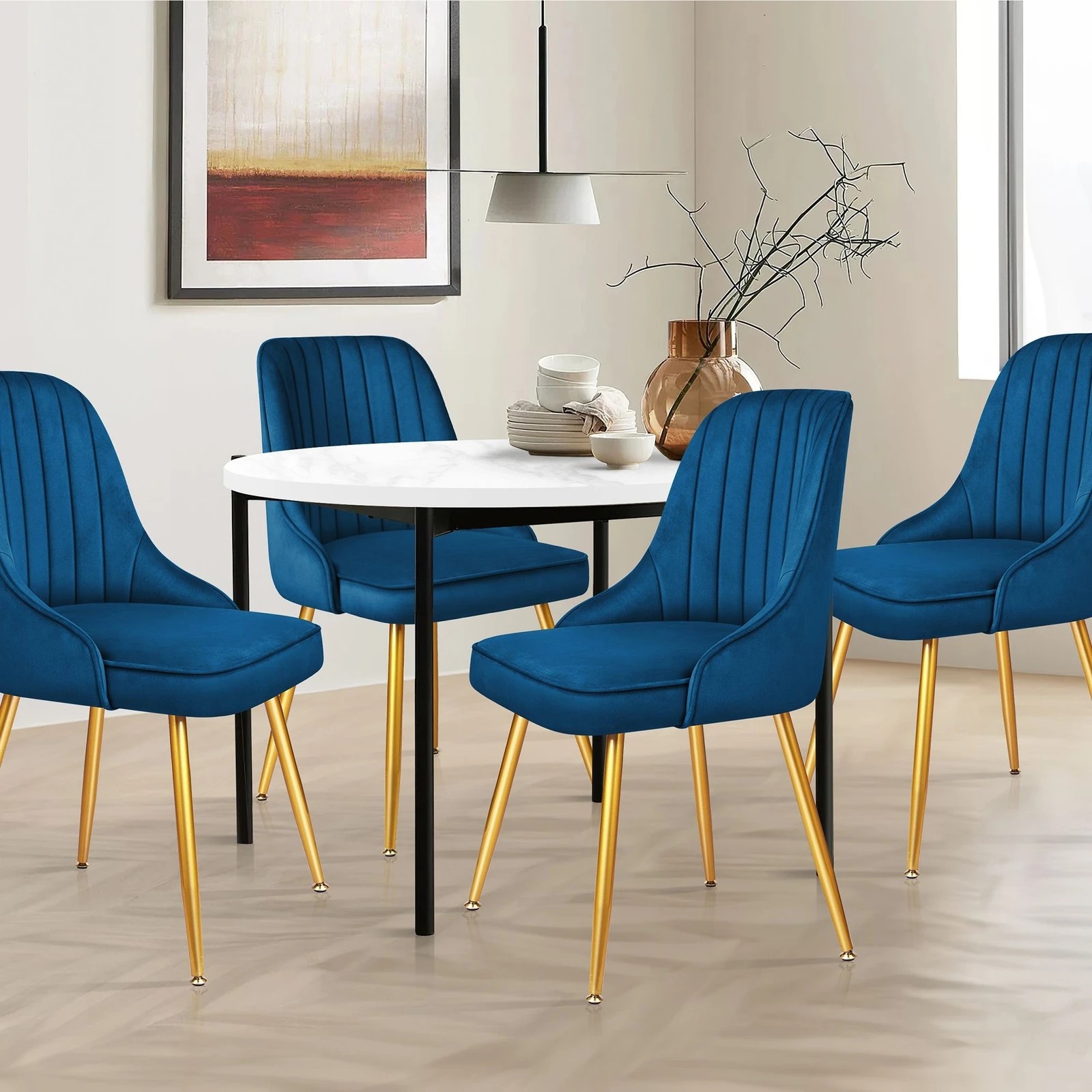 3 Alfordson 2x Dining Chairs Kitchen Accent Lounge Padded Tufted Seat Velvet - Blue, 3 of 9