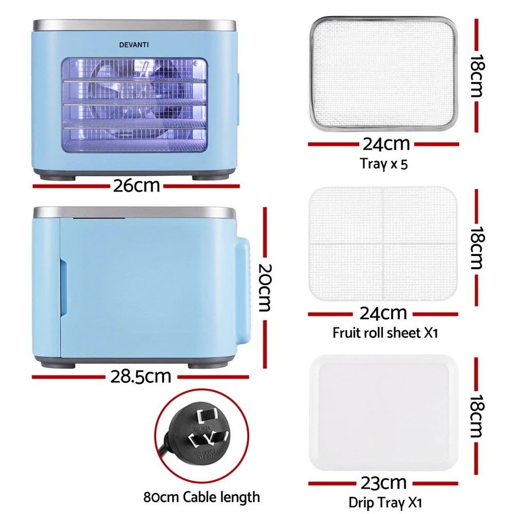2 Devanti 5 Trays Food Dehydrator Mini Fruit Dryer 500W - Blue, 2 of 6