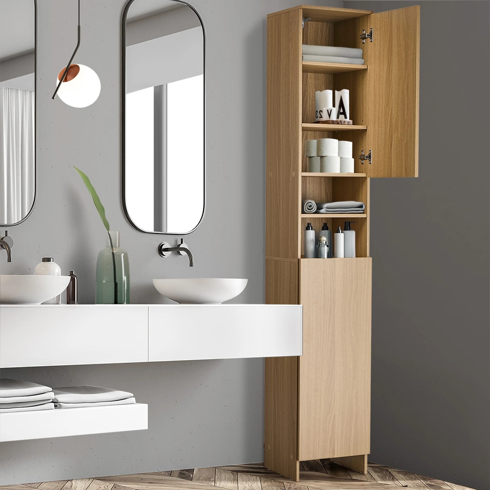 3 Oikiture Bathroom Cabinet Storage Laundry Tall Slim Floor Cupboard
 - natural, 3 of 10