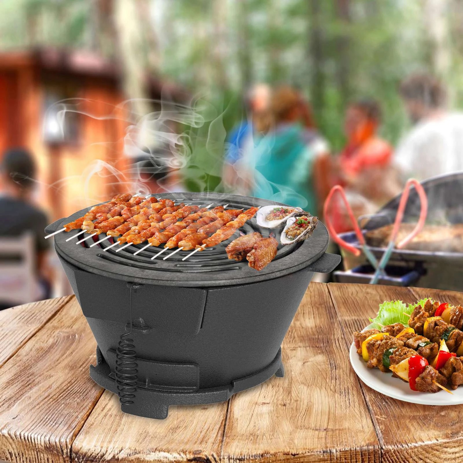 2 Costway Circle Cast Iron Charcoal Grill w/Grate Fire Gate - Black, 2 of 2