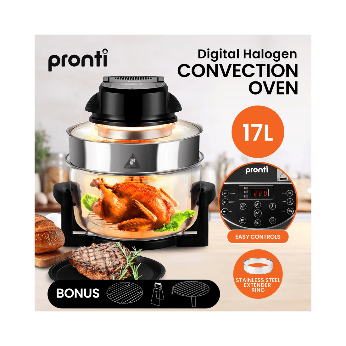 2 Pronti 17l Digital Family Turbo Convection Oven Broiler Cooker - Black, 2 of 10