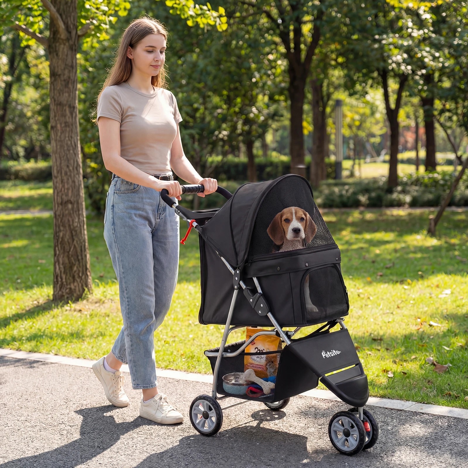 3 Costway 3-Wheel Pet Stroller Foldable Dog Cat Travel Cart w/Storage Basket - Black, 3 of 5