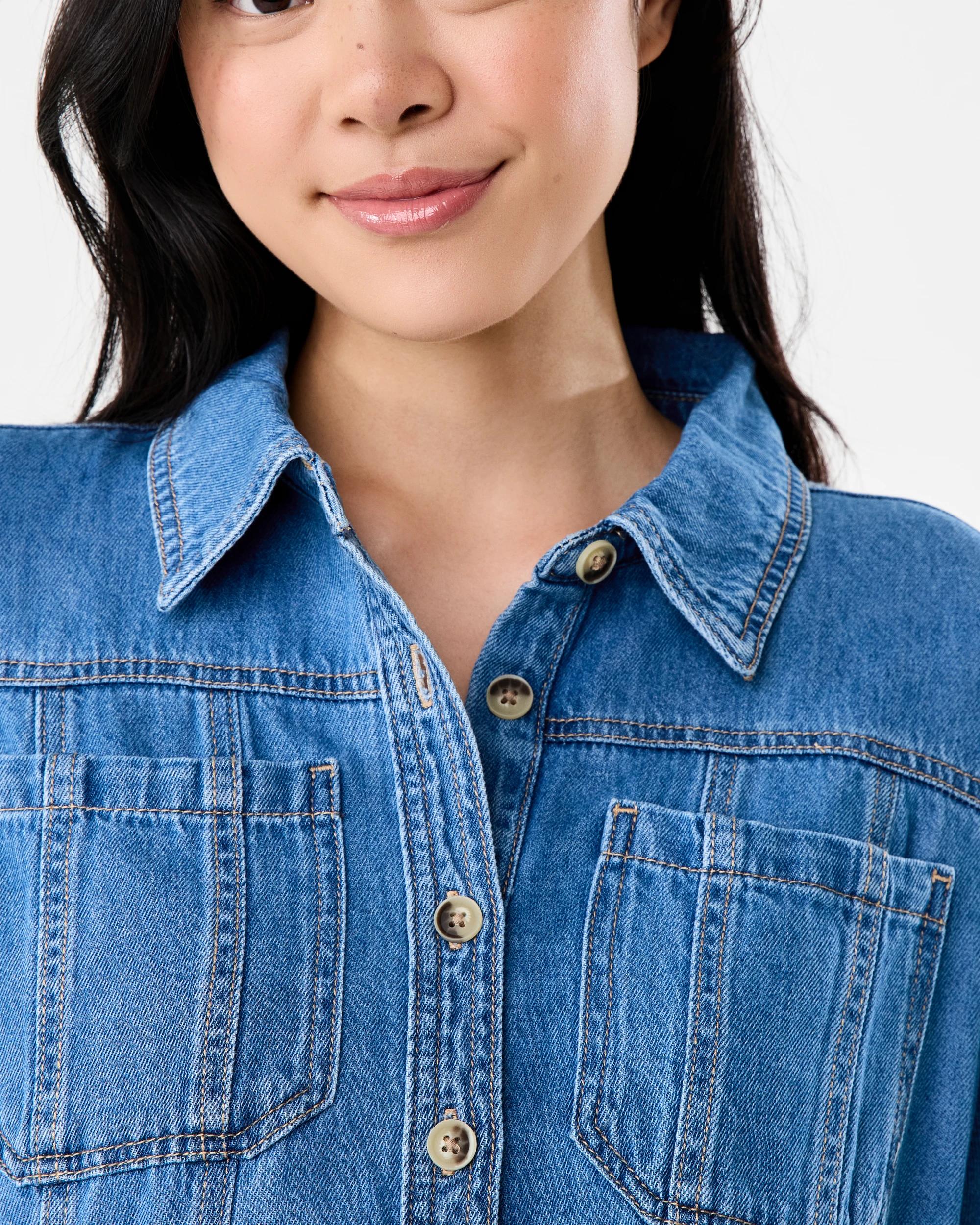 8 Short Sleeve Denim Button Through Midi Dress Dark Wash, 8 of 9