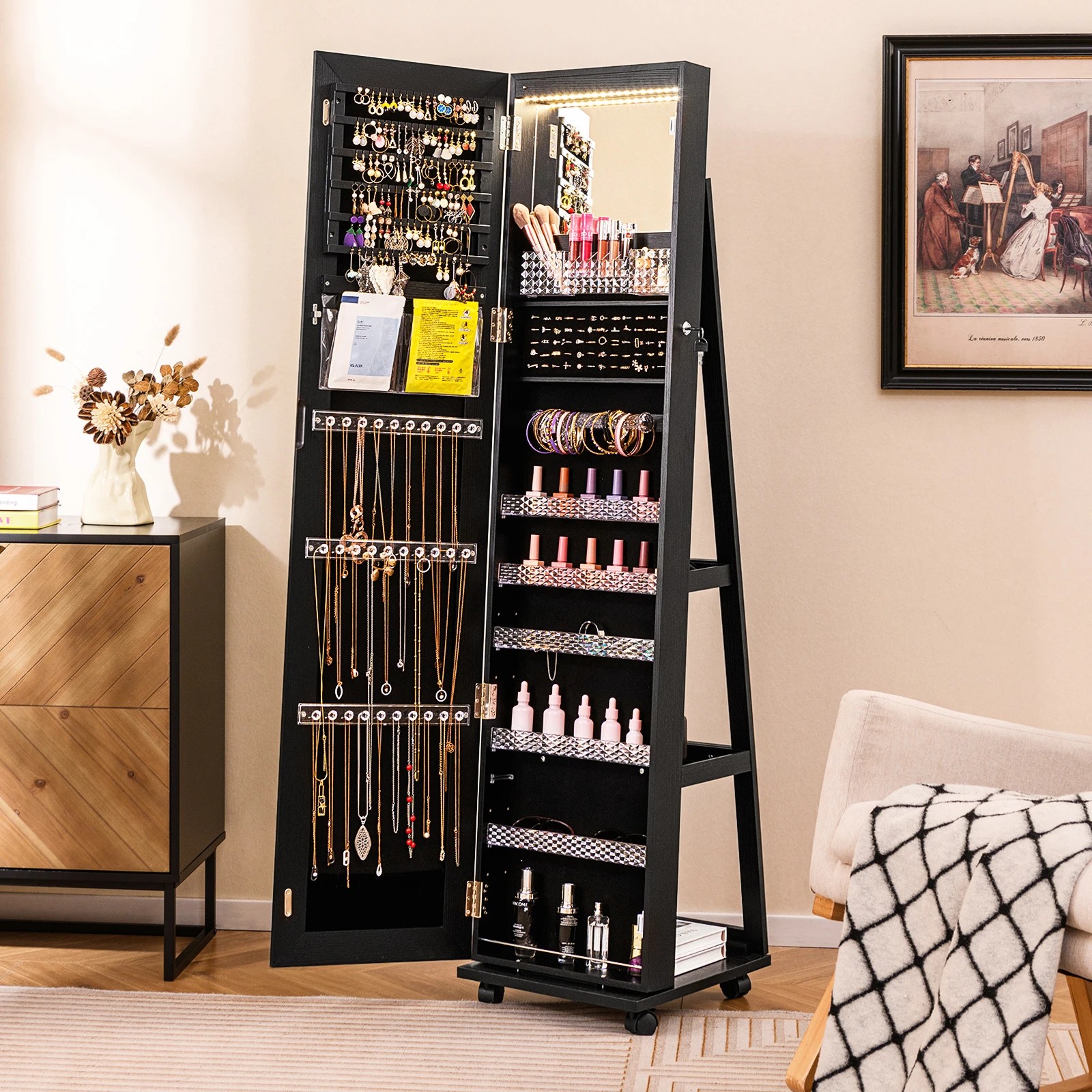2 Costway 1.63M Mobile LED Jewelry Cabinet Full-Length Makeup Mirror Storage Organizer - Black, 2 of 4