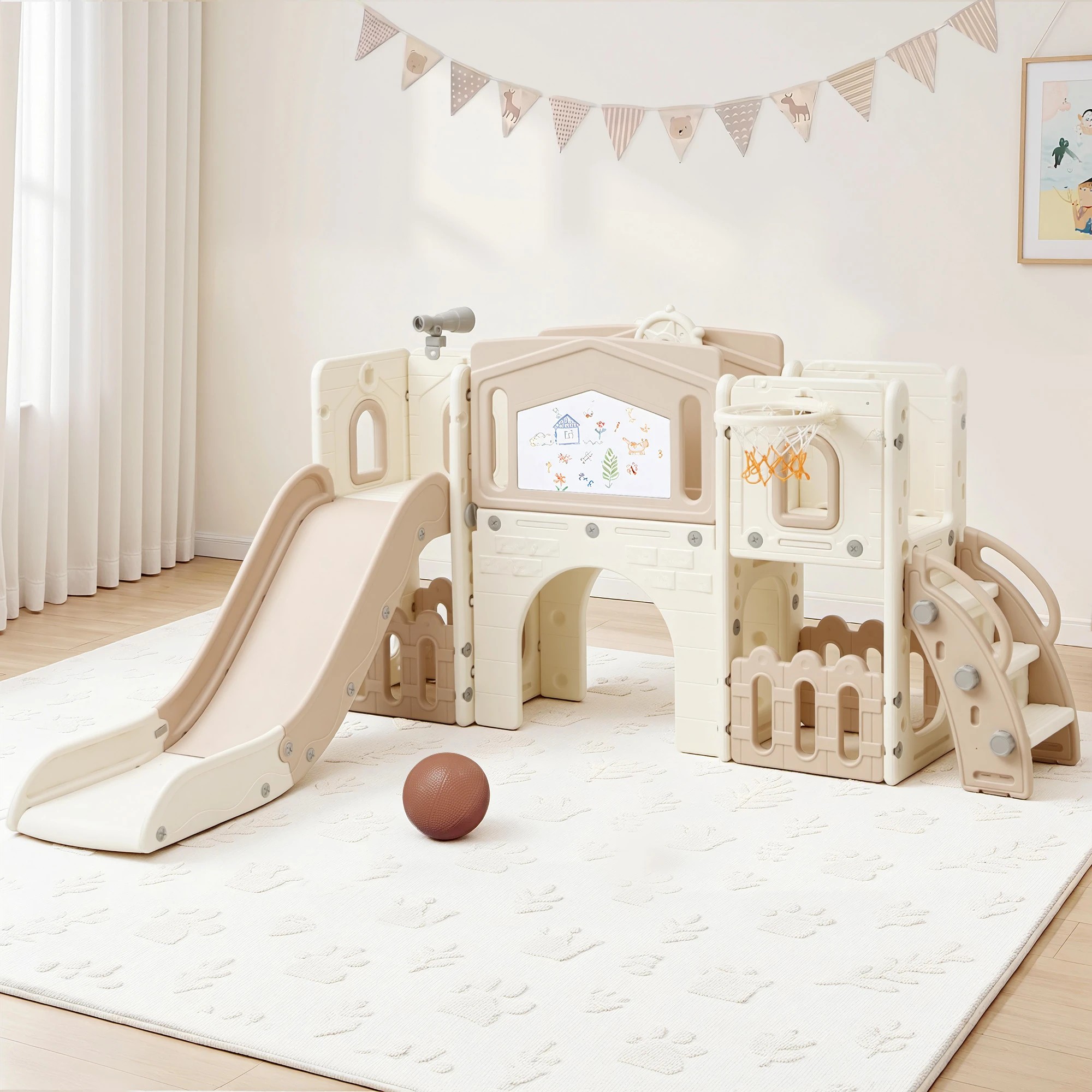 2 Keezi Kids Slide Set Indoor Toddler Playset With Basketball Hoop And Drawing Board - Beige, 2 of 9