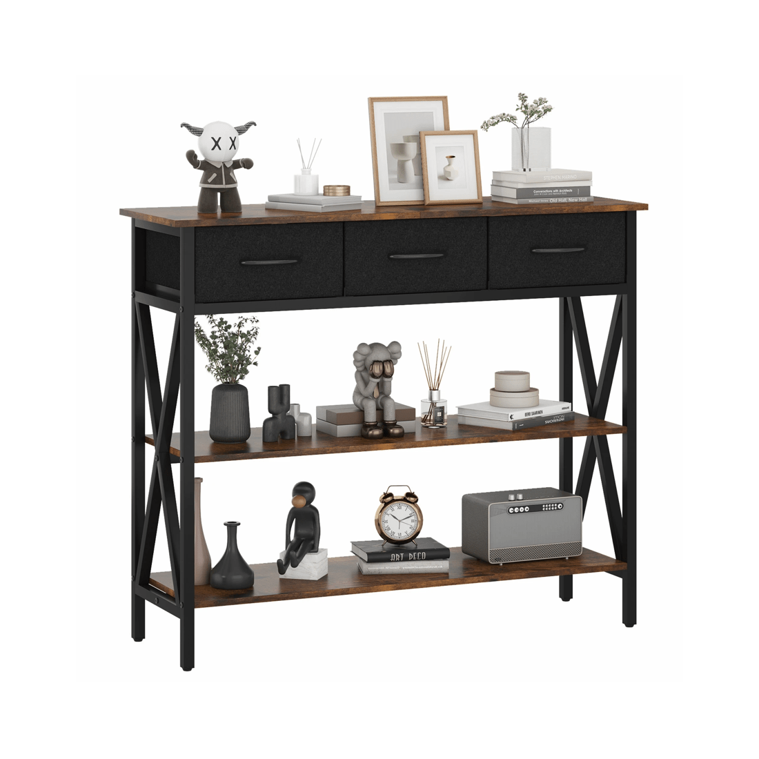 1 Advwin 3-Tier Console Table w/ 3 Drawers Hallway Table Narrow Entryway Display Table Walnut, 1 of 9